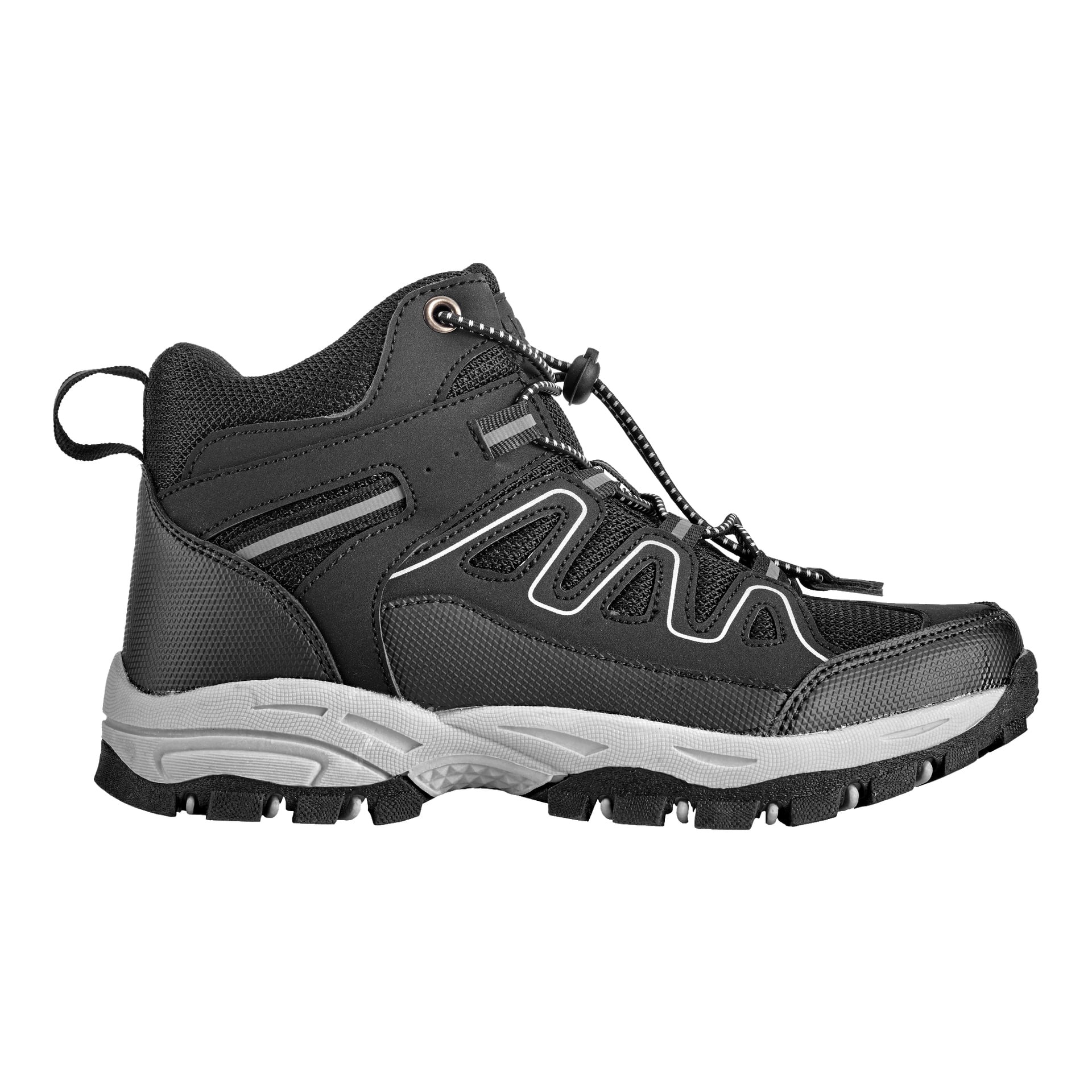 Casualowe buty Kayoba Outdoor Children, czarno-szare w kolorze czarno-szarym, mają wytrzymałe podeszwy, siateczkową i syntetyczną cholewkę, refleksyjne detale oraz system sznurowadeł z przełącznikiem.