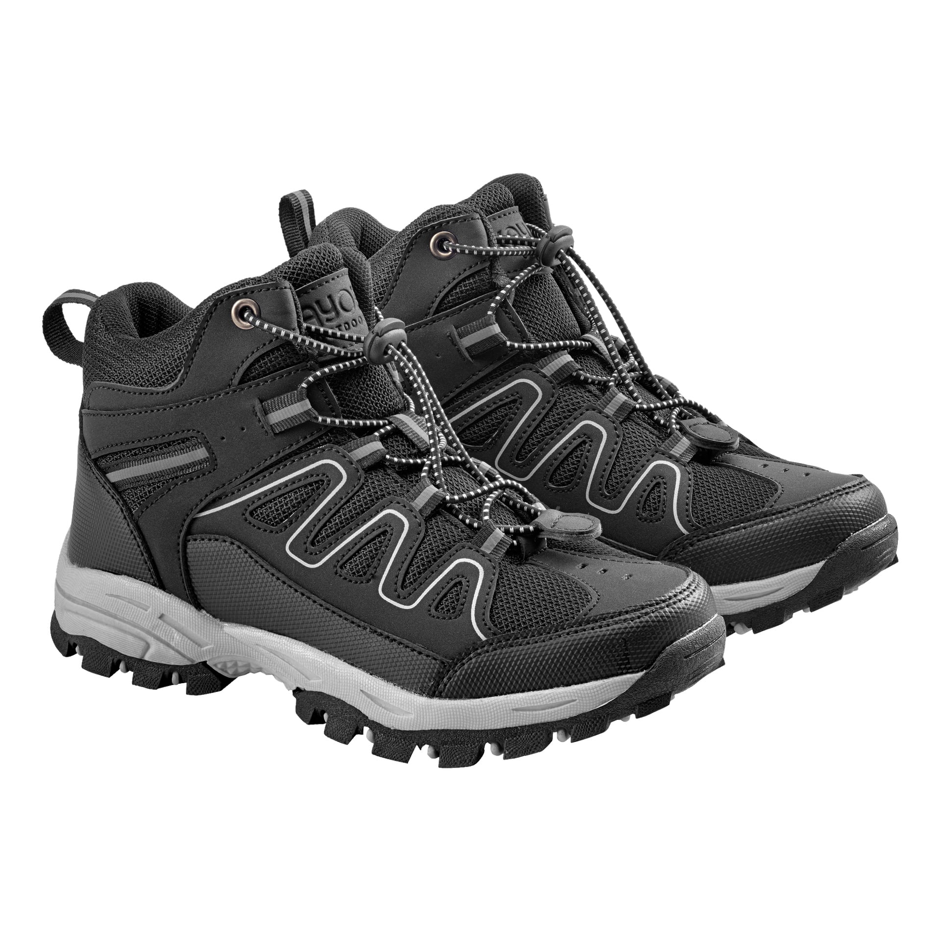 Ein Paar Kayoba Outdoor-Kinderschuhe mit Netzplatten, robusten Sohlen und Schnürsenkel in Schwarz und Grau, nebeneinander platziert.