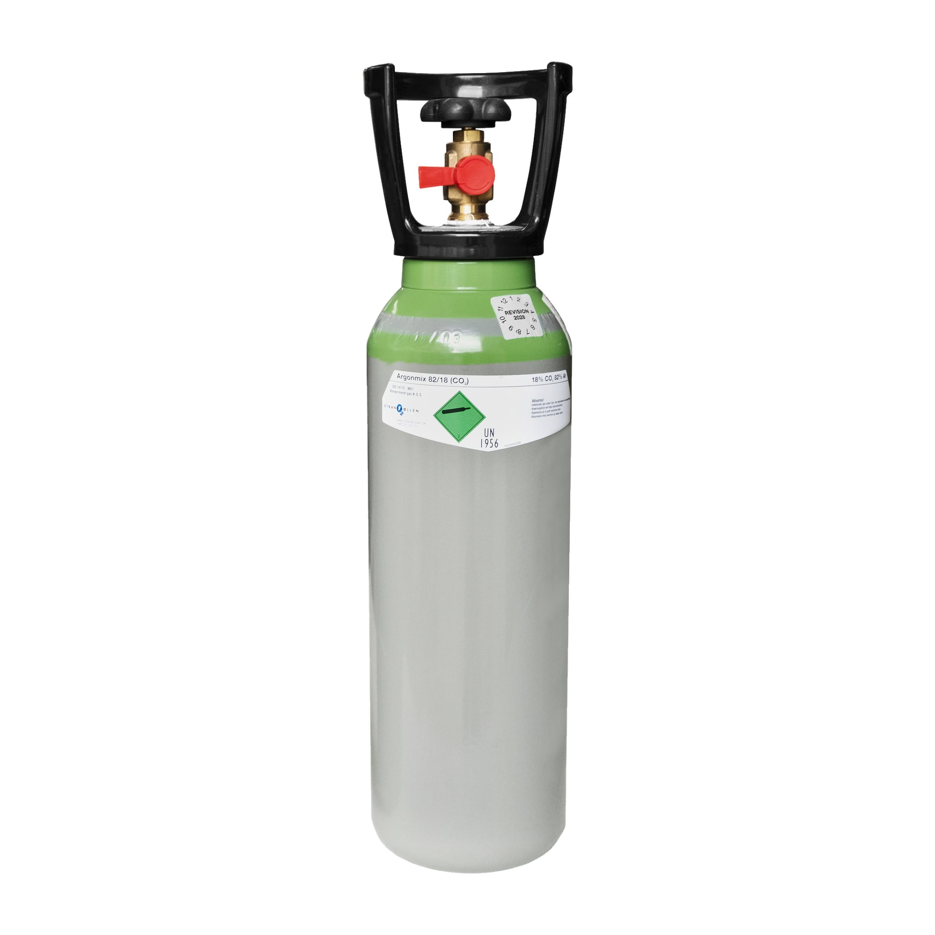 En grå Strandmöllen Argonmix gasflaska med grön etikett och svart handtag ovanpå, utrustad med tryckventil och rött ratt. Etiketten anger att den innehåller en blandning av argon och koldioxidgaser.
