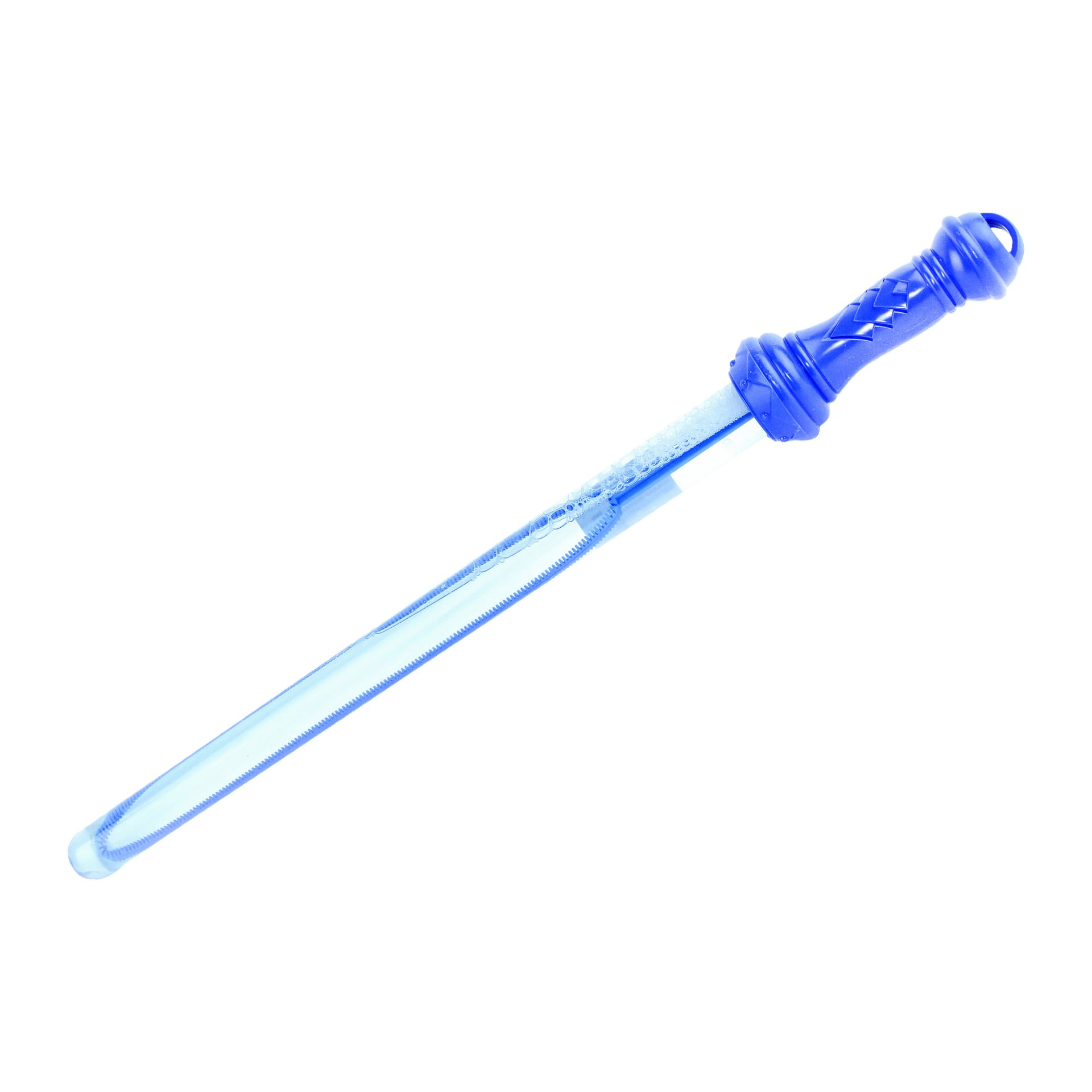 Ett Robetoys Soap Bubble Sword med blått handtag och ett avlångt, transparent rör fyllt med bubbellösning.