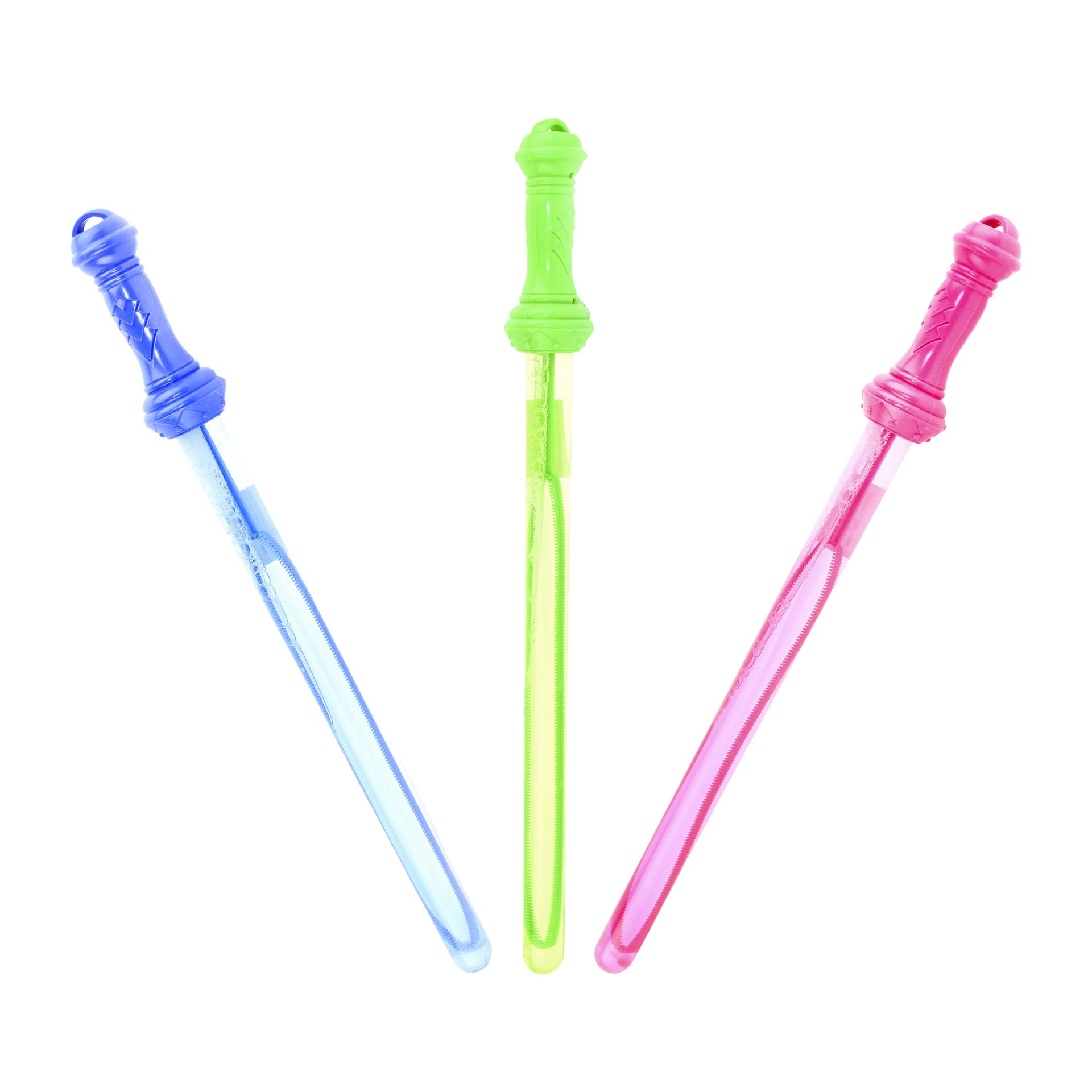 Tre Robetoys Soap Bubble Swords i blått, grönt och rosa står upprätt. Varje har ett långt handtag med rundad spets och ett smalt rör för bubbellösning.