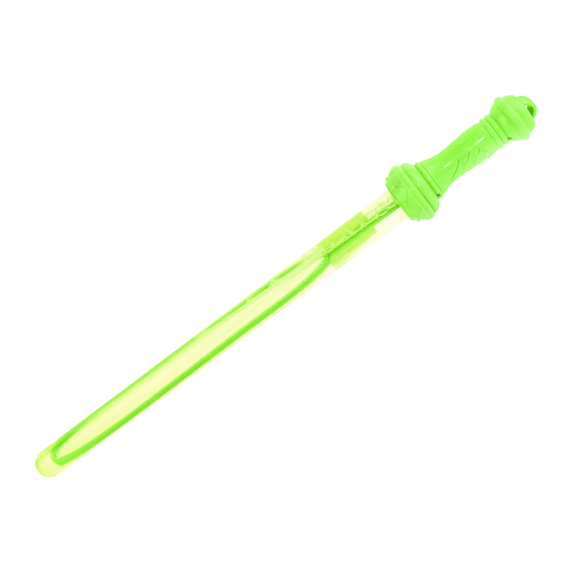 Ett Robetoys Soap Bubble Sword med ett grönt plastcylindriskt handtag och ett långt genomskinligt rör fyllt med bubbellösning.
