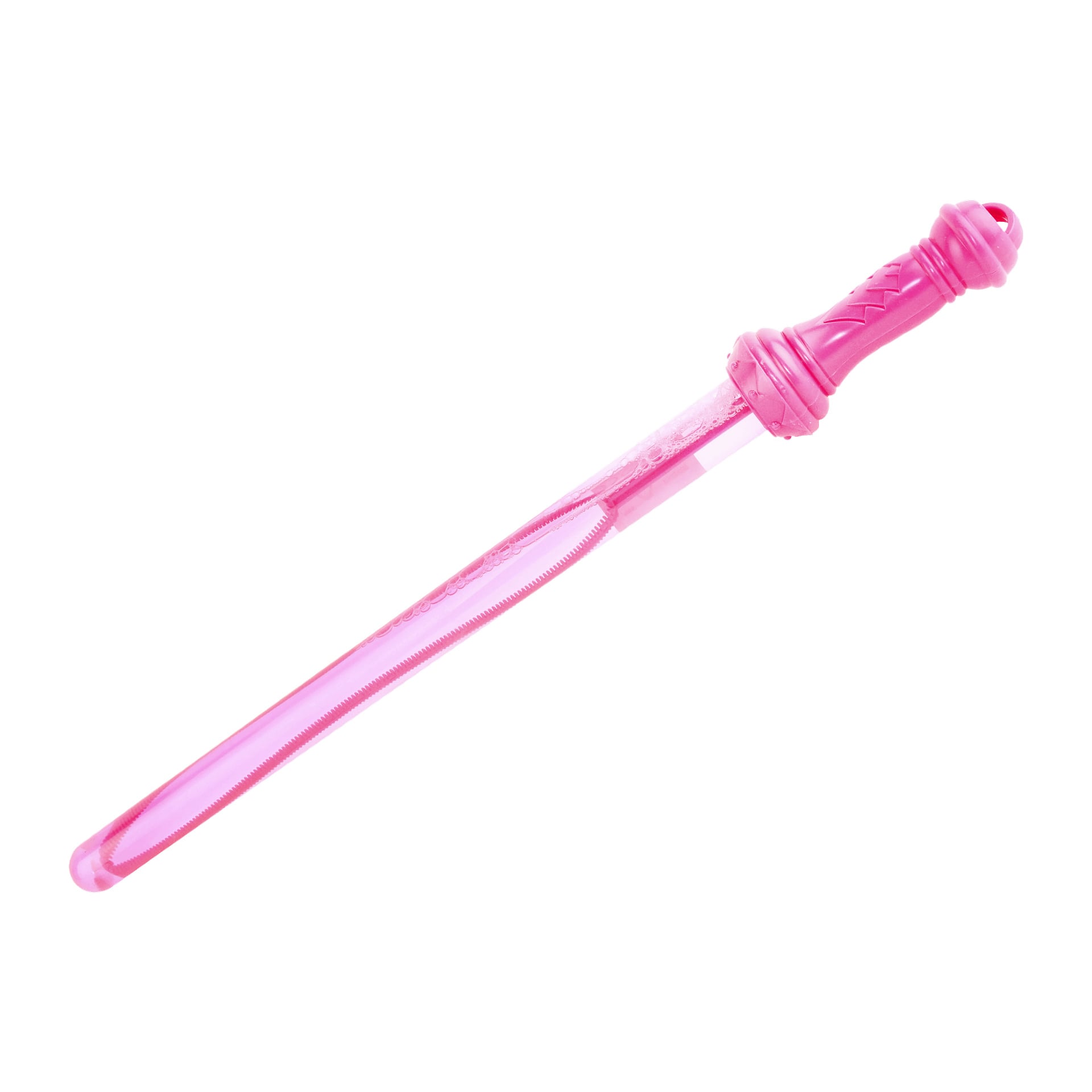 Ett rosa Robetoys Soap Bubble Sword med ett texturerat plasthandtag och ett förlängt genomskinligt rör för bubbellösning.