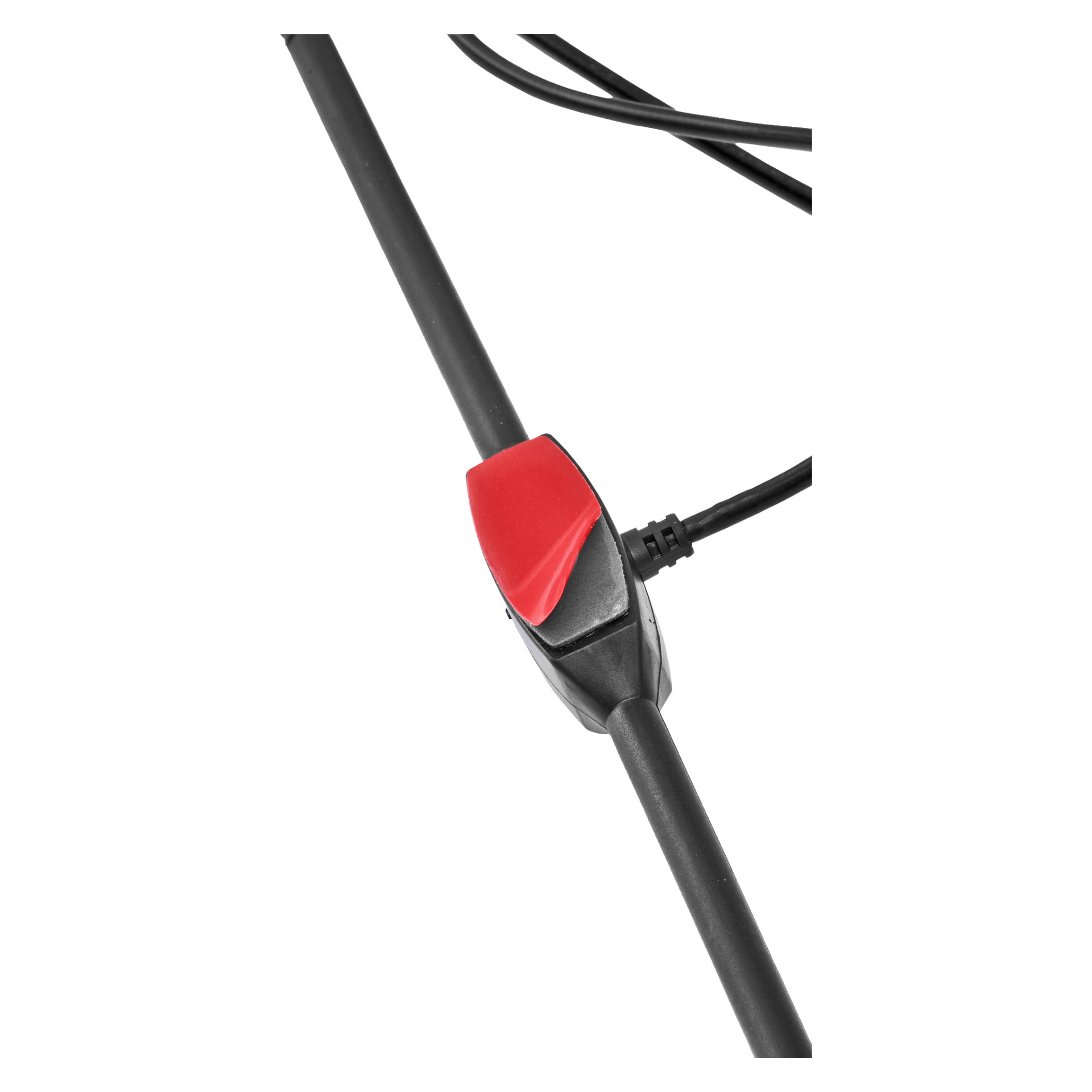 Närbild av Connects2 DAB-antennen CT27UV82, med en svart cylindrisk stång ansluten till en strömbrytare med en distinkt röd vippbrytare och en ansluten svart kabel.