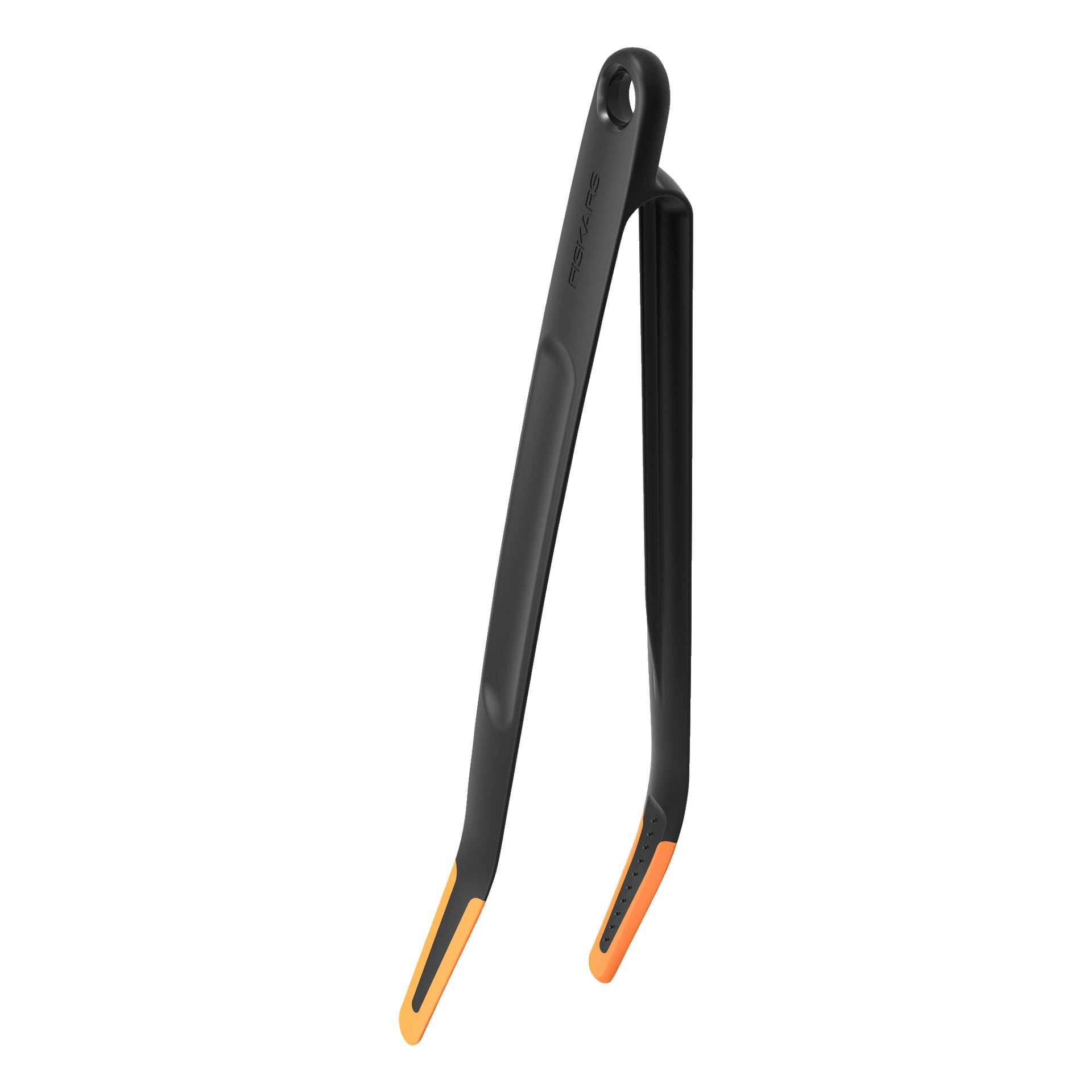 Fiskars Tongs funktionell form: slanka svarta kökstånger med klarorange silikonspetsar för exakt hantering av maten. Designen inkluderar ett praktiskt hål nära toppen för enkel upphängning och framhäver ett modernt, strömlinjeformat utseende.
