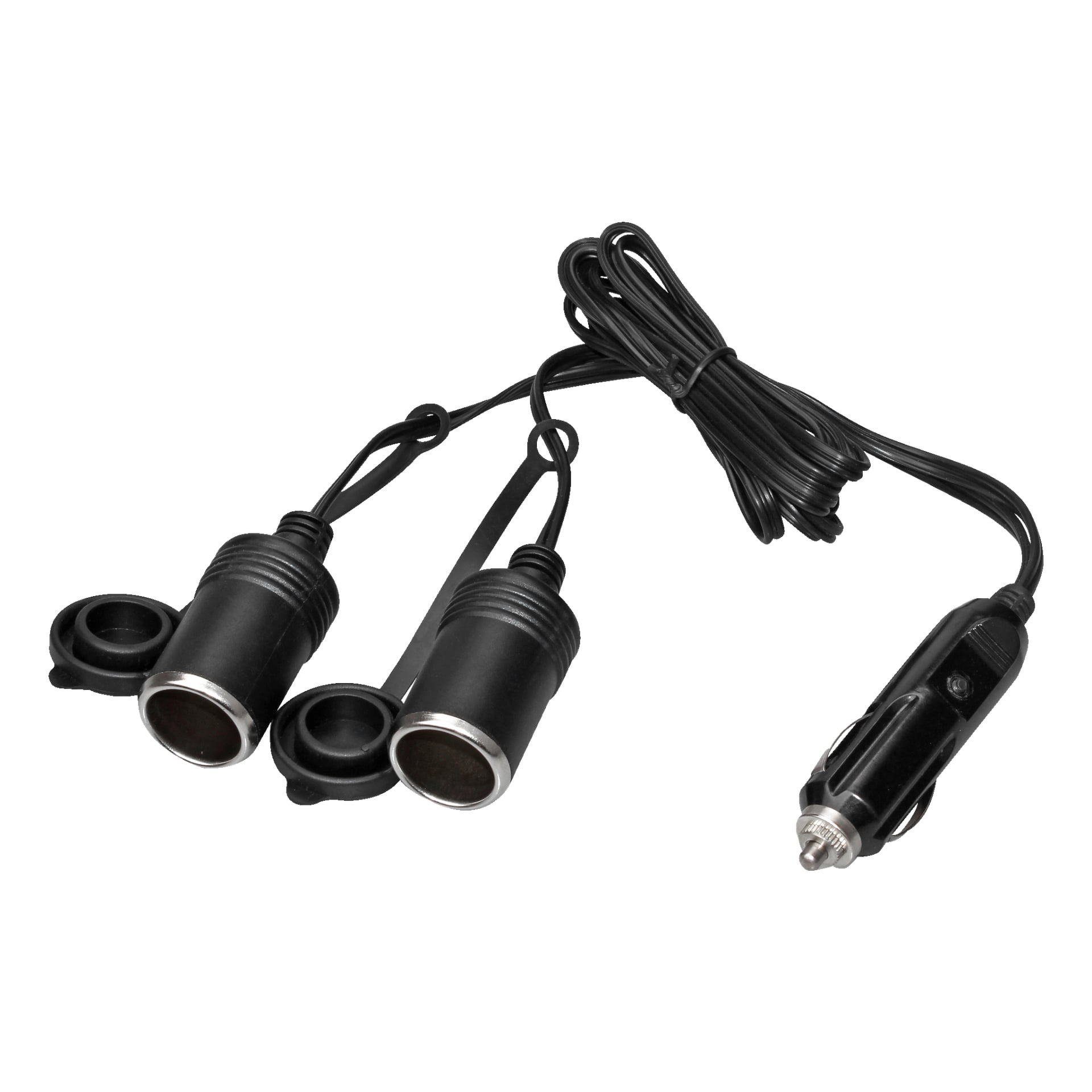 En svart Hamron-adapter i bilen med ett enda uttag och två skyddande uttag, förbundna med en svart kabel. Designad för att driva flera enheter samtidigt under resan.