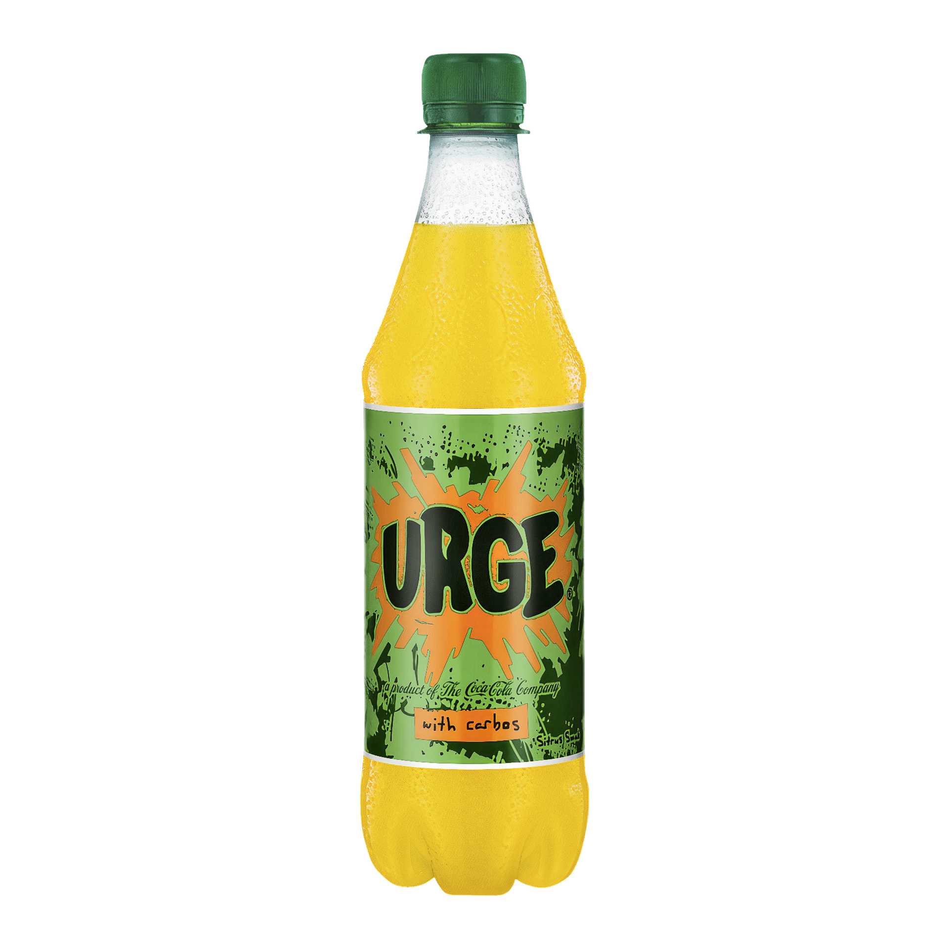 En Coca Cola Urge-brusflaske har en grønn kork og en grønn etikett med livlige oransje splash-mønstre. Ordet «URGE» skiller seg ut med fete svarte bokstaver på etiketten, med «carbos» skrevet med mindre skrift under. Flasken er fylt med en livlig gul-oransje drikk.