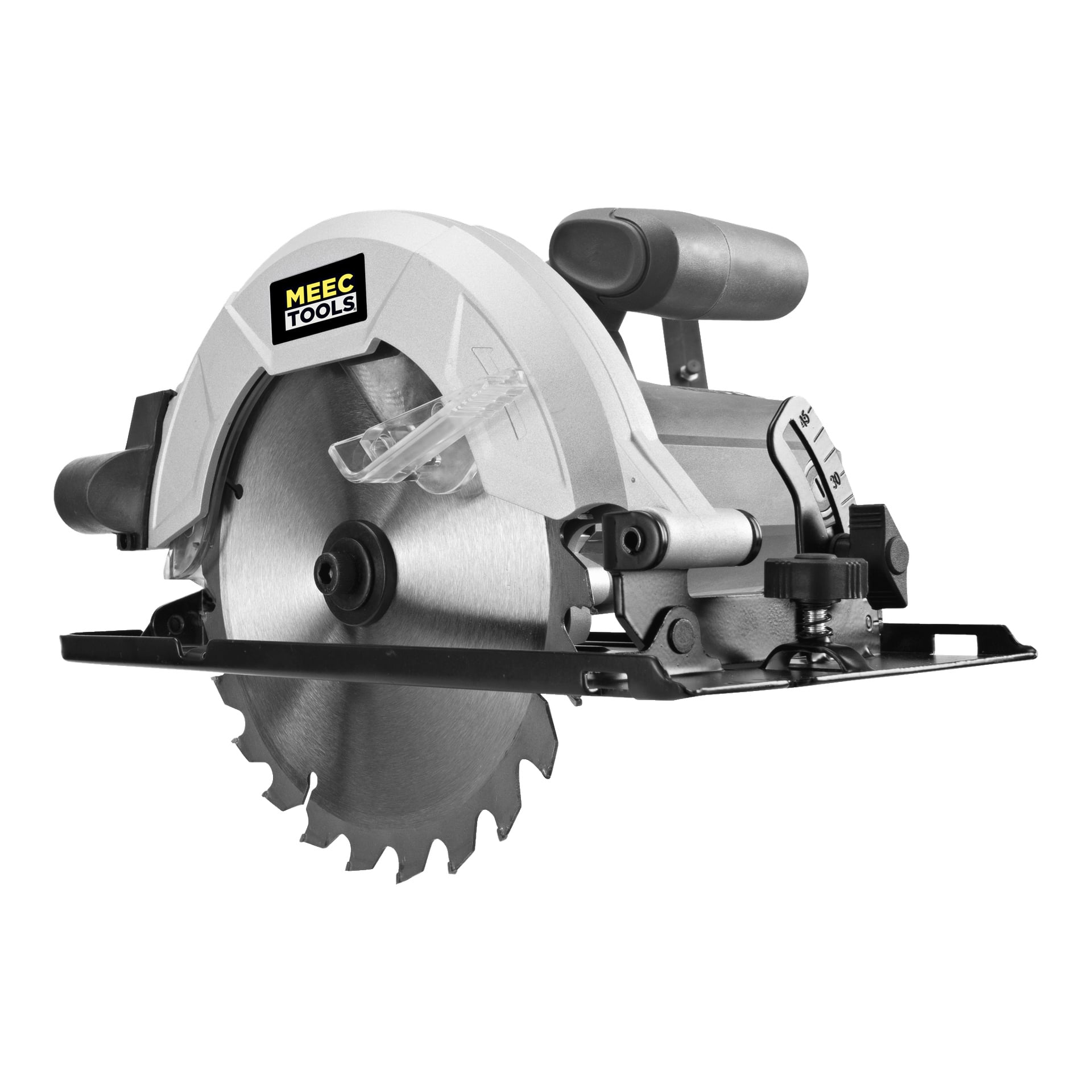 En Meec Tools sirkelsag har en sølvfarget kropp, svart base, synlig tannet blad og beskytter, justeringsknotter og et svart skaft på toppen.