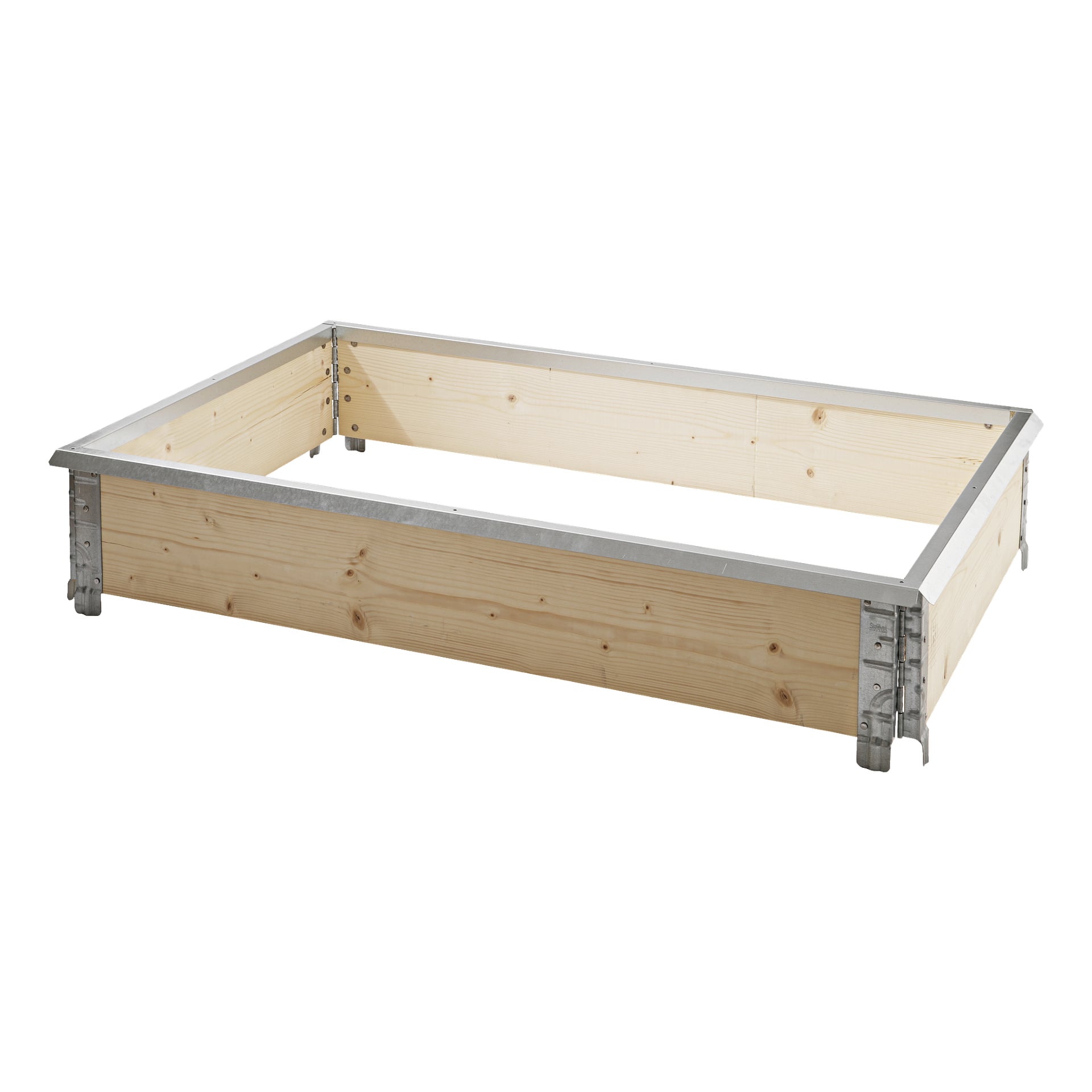 Das Bild zeigt eine Hard Head Slug-Kante, die an einem rechteckigen Holz-Gartenrahmen mit Metall-Eckhalterungen befestigt ist. Das Holz erscheint in seinem natürlichen Zustand, und der Rahmen enthält weder Erde noch Pflanzen.