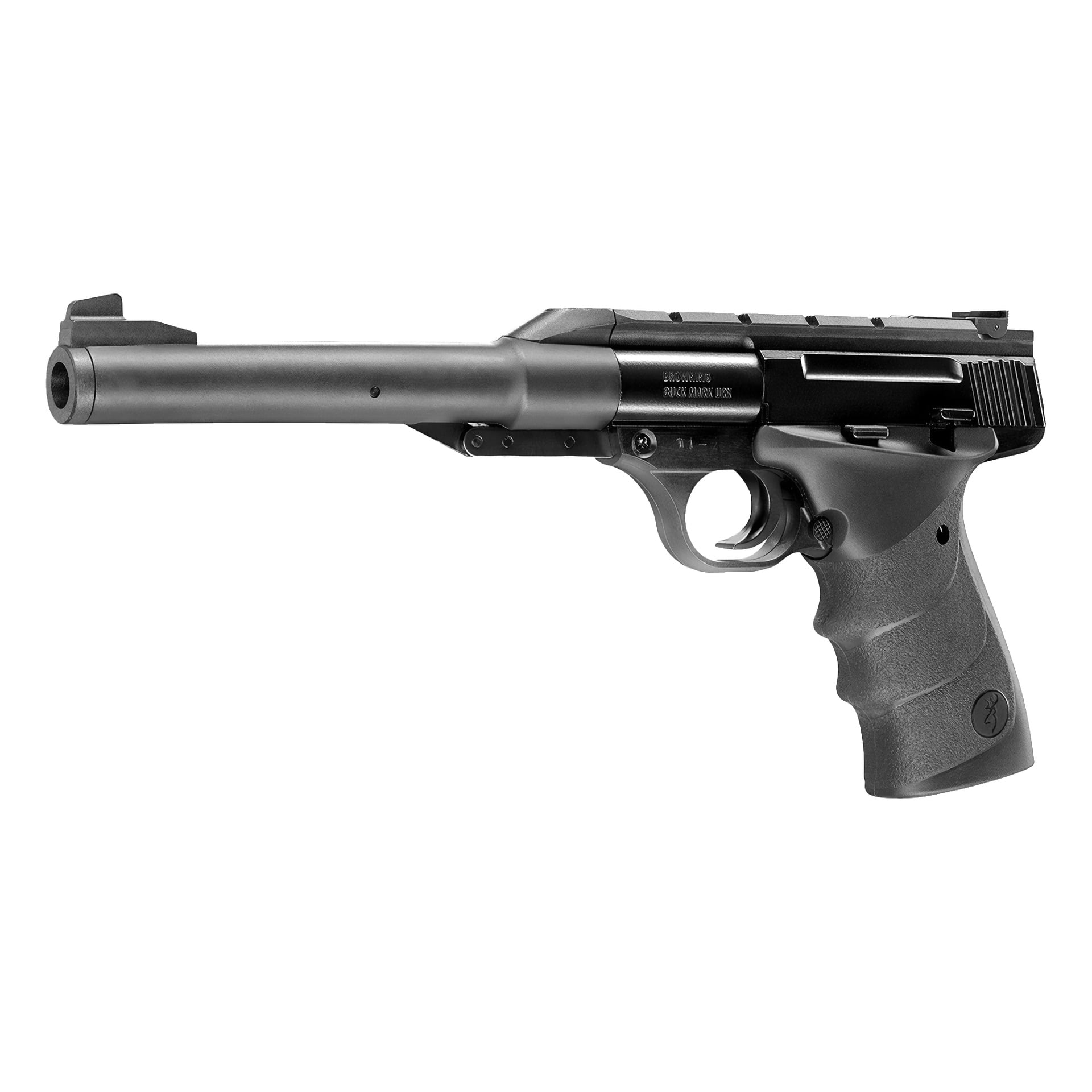 En Browning Air gun Buck Mark URX med lång pipa, svart ram, texturerat grepp och synlig avtryckare, visad i vänster profil.