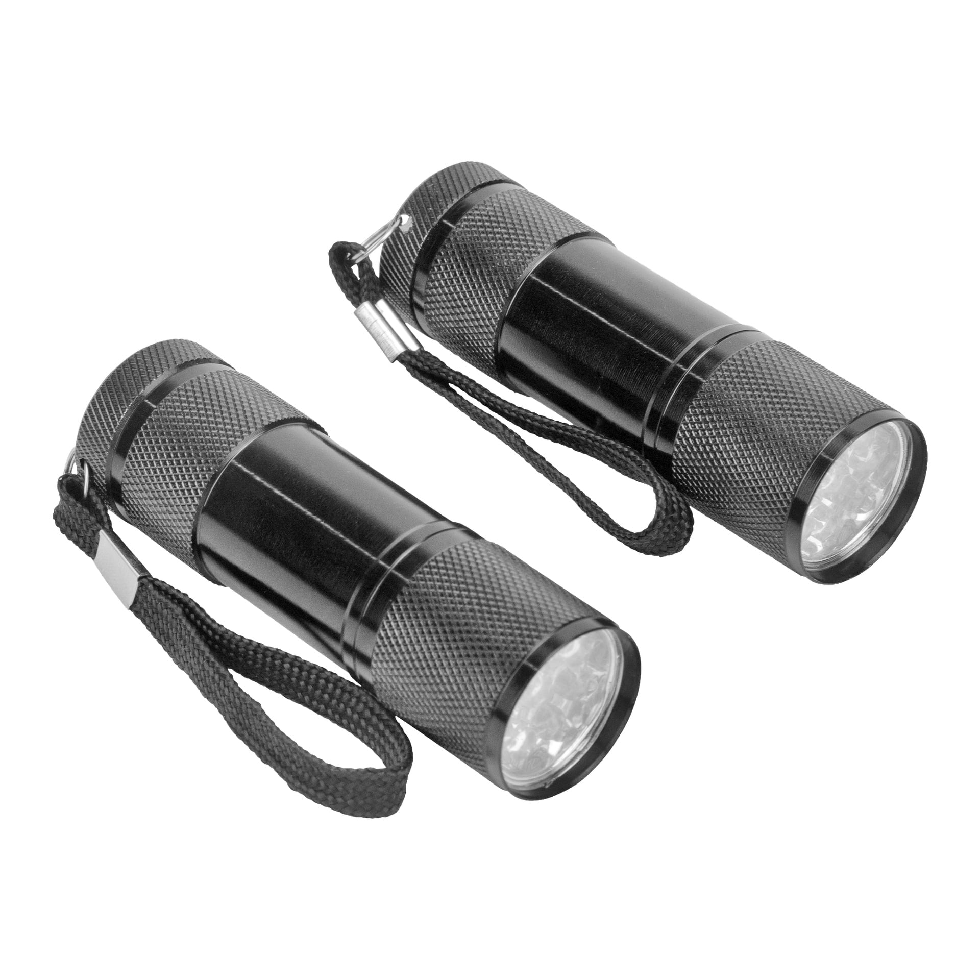 Ett par svarta cylindriska LED-facklor från Anslut, var och en designad med texturerade grepp och utrustad med svarta handledsremmar. Paketet innehåller två facklor (2-pack).