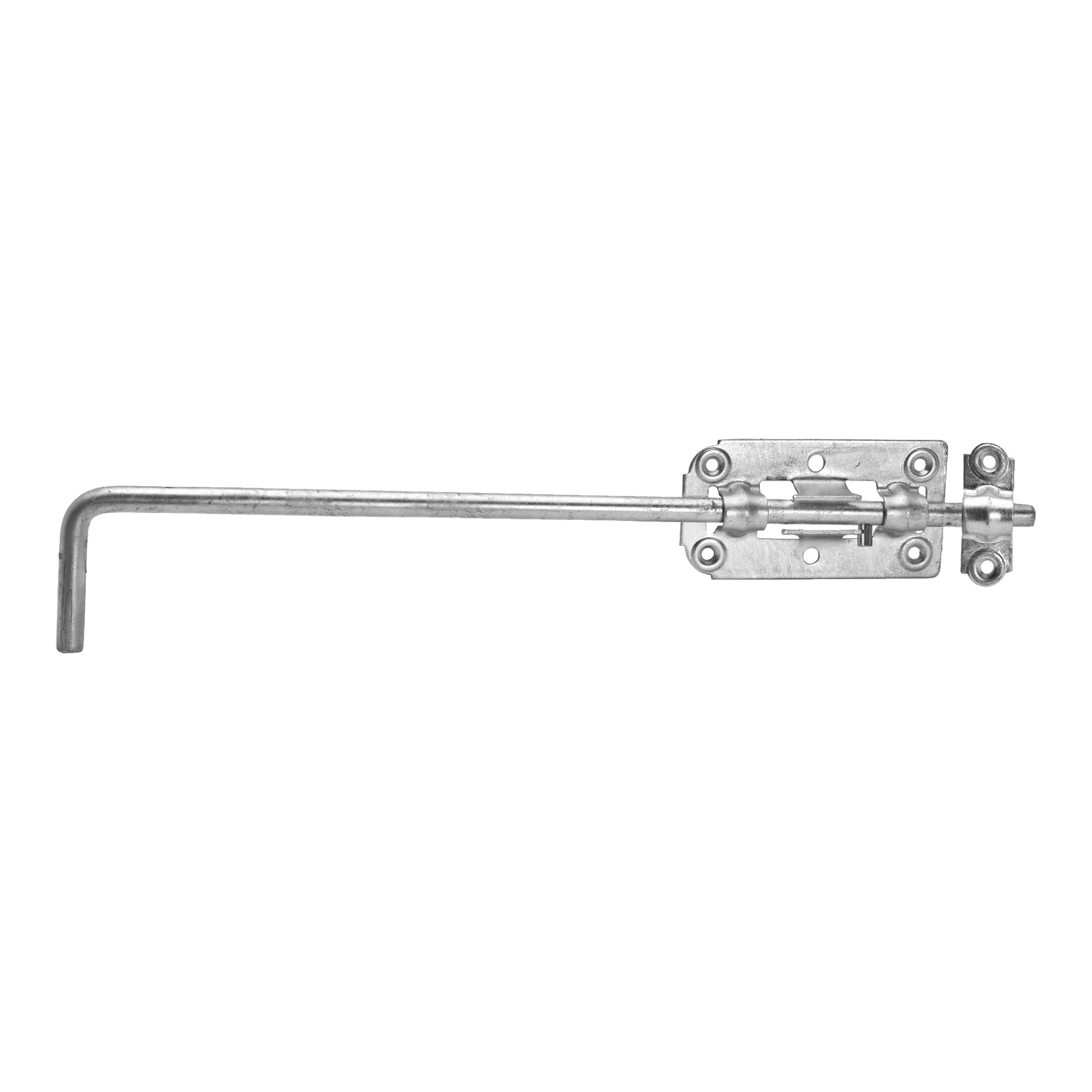 Hard Head Sliding Bolt är en robust metalllås med ett långt, böjt handtag och två rektangulära monteringsplattor med skruvhål, avsedda för att säkra dörrar eller grindar.