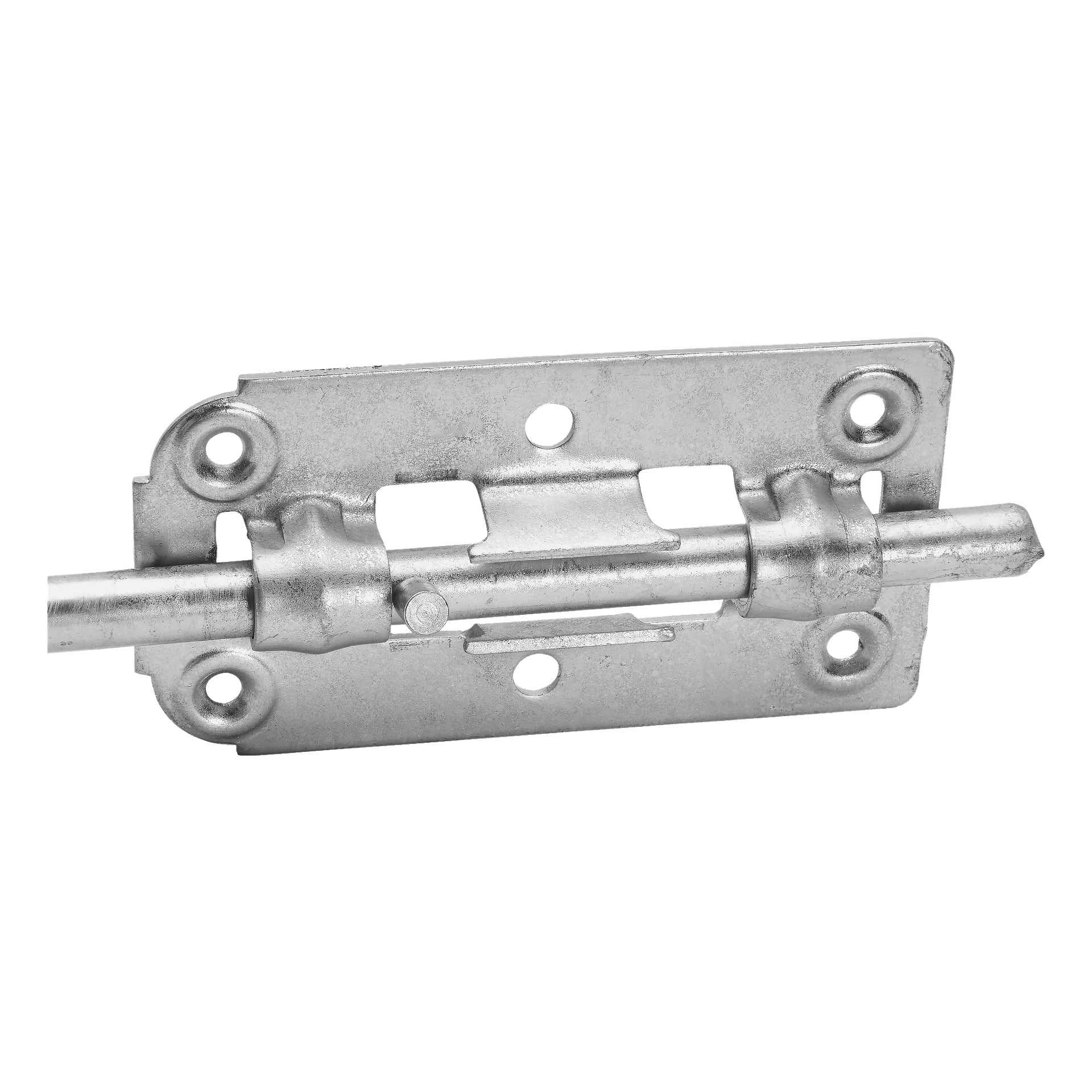 En detaljerad vy av Hard Head Sliding Bolt visar en silverfärgad, rektangulär bottenplatta med fyra skruvhål och en slät cylindrisk låsstång. Låset ser nytt och omärkt ut.