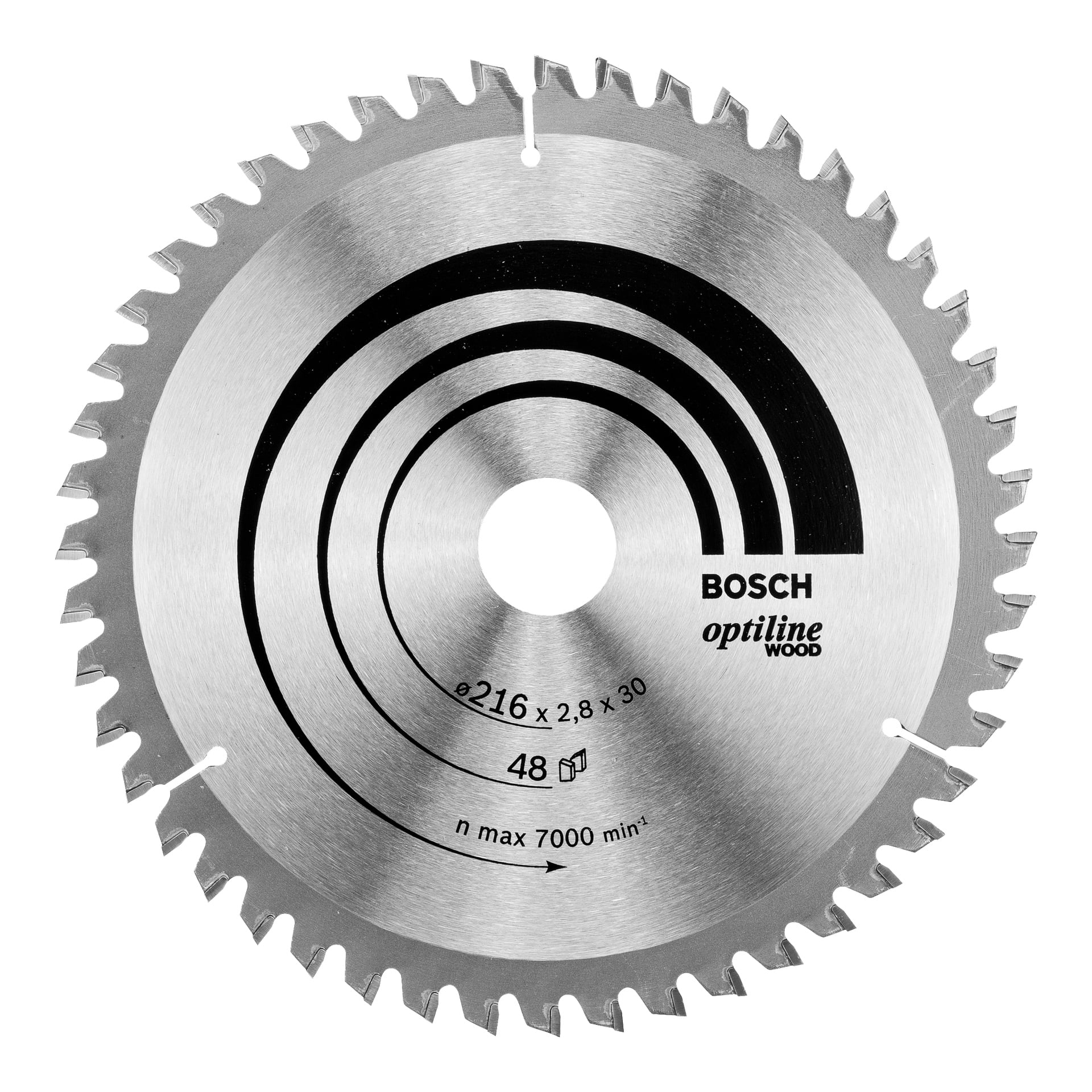 Bosch Pro Optiline Wood -sahaterä, jossa on 48 hammasta, 216 x 2,8 x 30 mm ja enintään 7000 min⁻¹ hopeisella metallipinnalla, sekä mustat grafiikkarenkaat ja tuotetiedot.