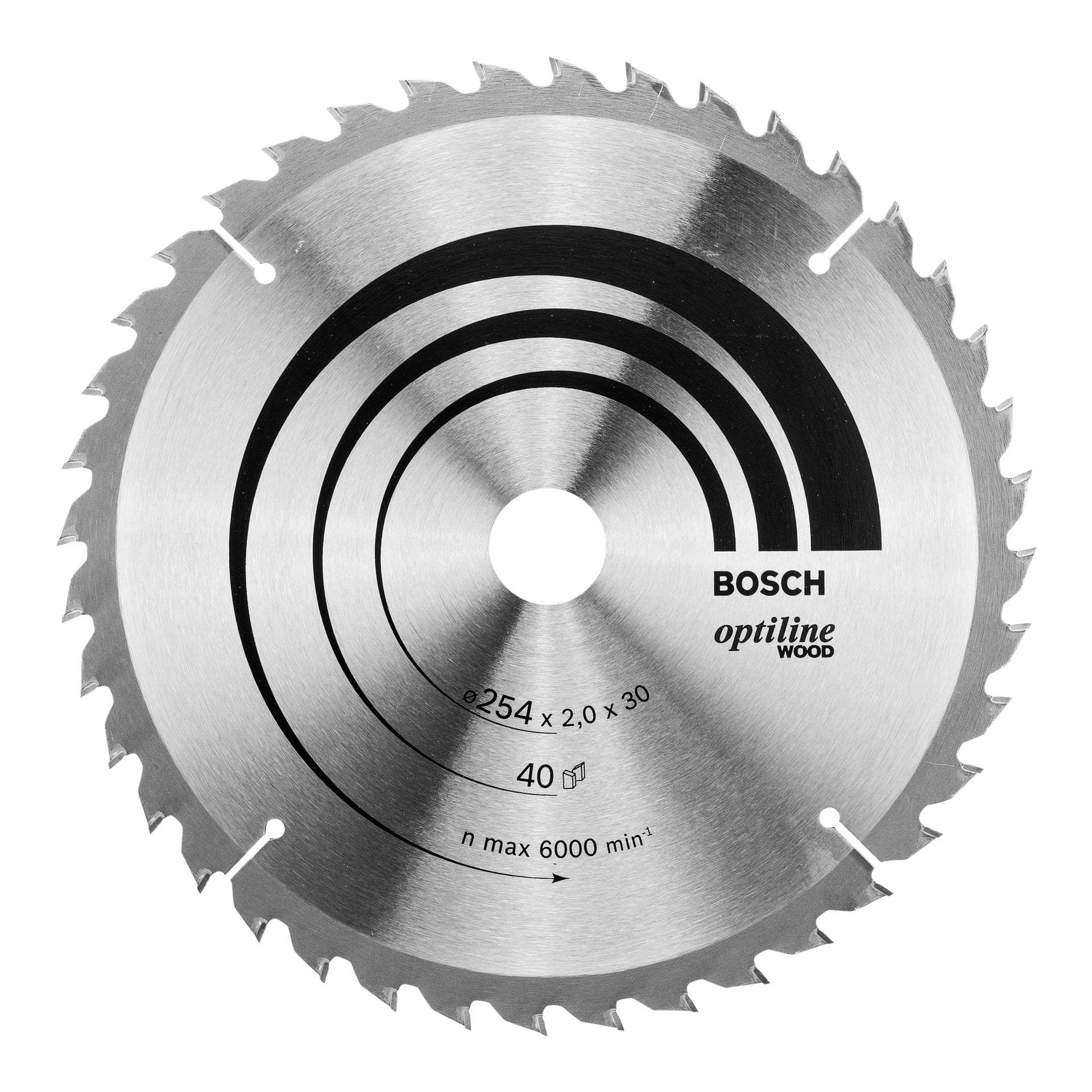 Bosch Pro -sahaterä, jossa on Optiline Woodia, 254 mm, 40 hammasta ja maksimissaan 6000 rpm painettuna. Terä on suunniteltu puunleikkausta varten.