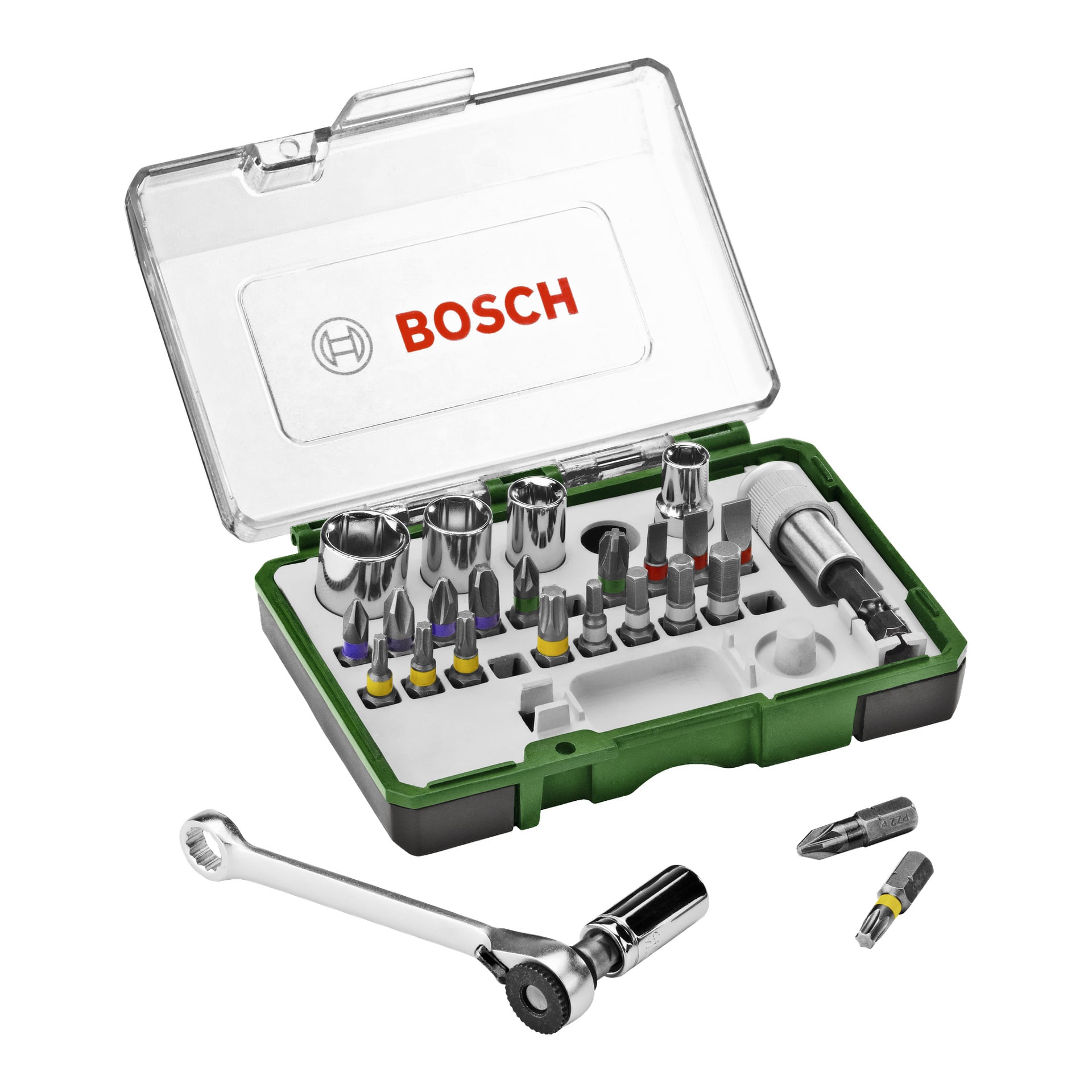 Et åpent Bosch Bits and Socket-sett med 27 deler presenteres i et grønt og hvitt etui, med et utvalg skrutrekkerbits, piper og en skrallenøkkel organisert inni. Foran kabinettet er det to separate biter og én sokkel.