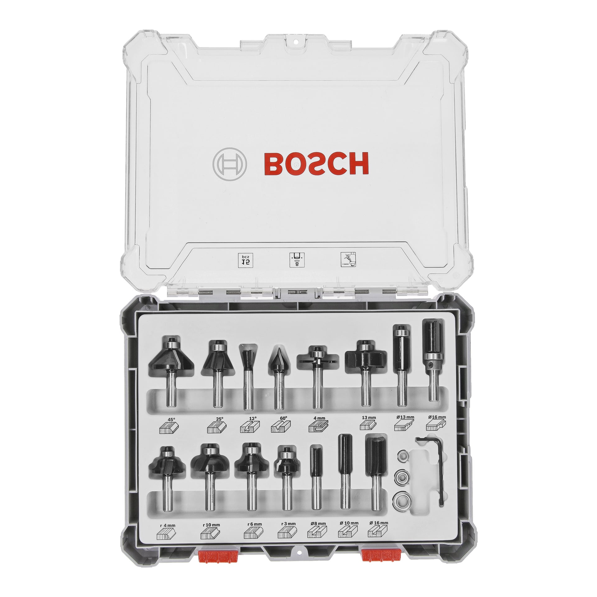 Ett Bosch fräsbitsset med 15 delar är placerat i en bricka, där varje bit tydligt är märkt efter storlek och typ. Det öppna fodralet har ett transparent lock och visar Bosch-logotypen tydligt. Urvalet av bitar är utformat för olika träarbeten.