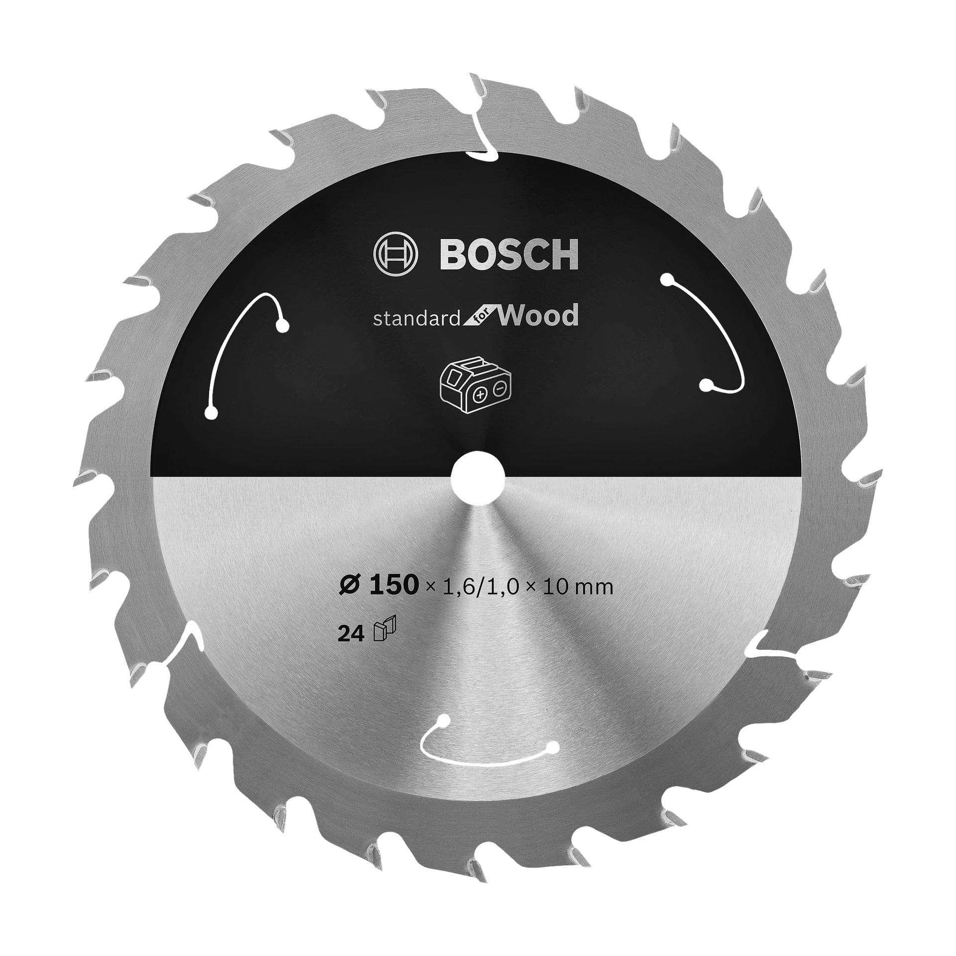 24-hampainen pyörösaha puulle. Terässä lukee: Standard for Wood and Bosch Pro. Tekniset tiedot ovat 150 mm, 1.6/1.0 x 10 mm. Terässä on kuva, joka näyttää pyörimissuunnan.