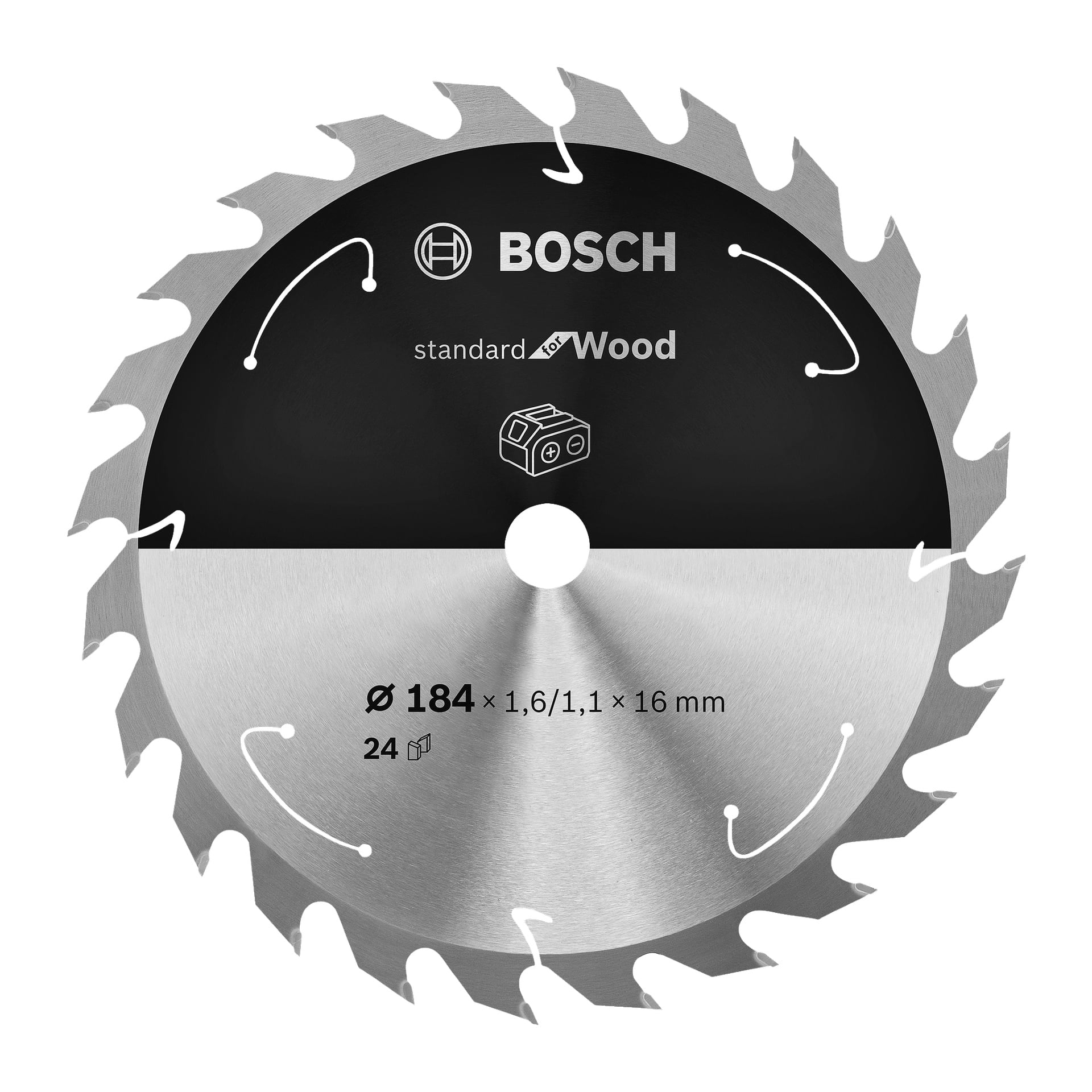 Das Bosch Pro Sägeblatt: Standard für Holz hat 24 Zähne, misst 184 x 1,6/1,1 x 16 mm und hat ein schwarz-silbernes Aussehen mit Produktdetails auf der Vorderseite, einschließlich Standard für Holz und Spezifikationen.