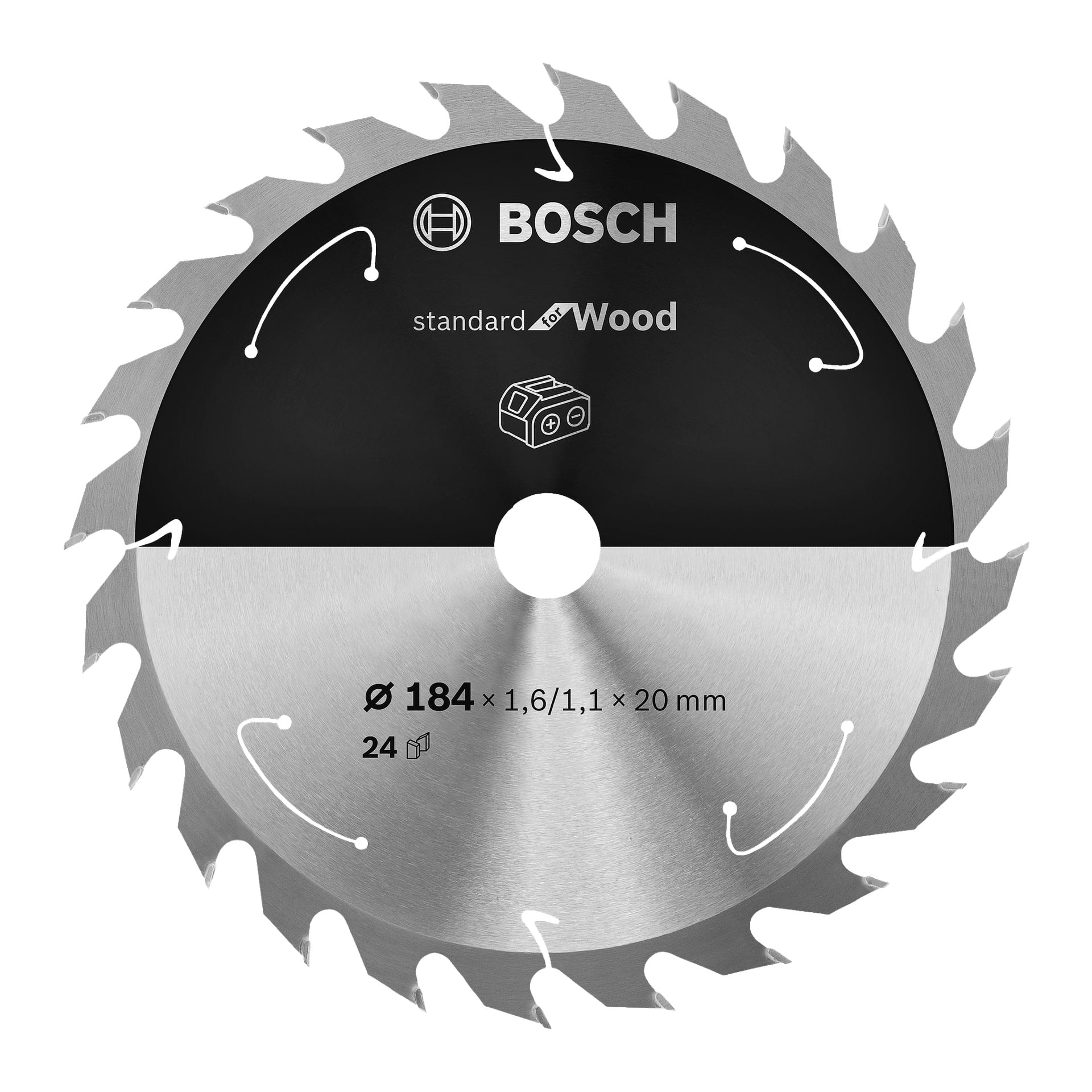 Bosch Pro Saw Blade: Standard for Wood on pyöreä terä, jossa on 24 hammasta, kooltaan 184 x 1,6/1,1 x 20 mm, musta ja hopea, jossa on Boschin logo ylhäällä. Pinta sisältää valkoista tekstiä, mukaan lukien Standard for Wood, tekniset tiedot kuten 184x1.6/1.1x20mm, 24T sekä sahan käyttöön ja turvallisuuteen liittyviä kuvakkeita.