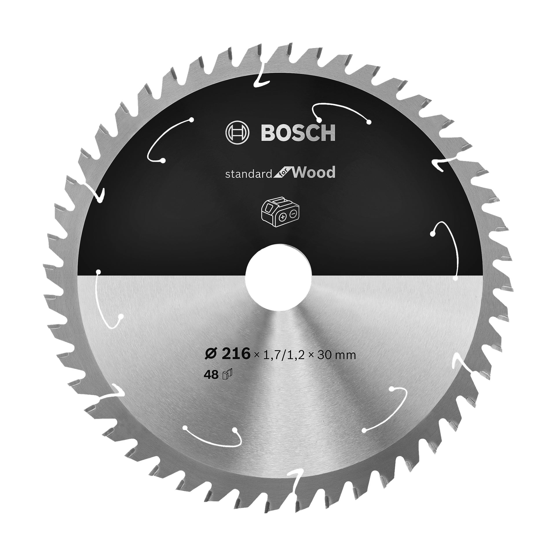 Bosch Pro Saw -terä, joka on merkitty Standard for Wood, ja siinä on 216 x 1,7/1,2 x 30 mm ja 48 hammasta, suunnan nuolilla ja keskellä tukkisymboli.