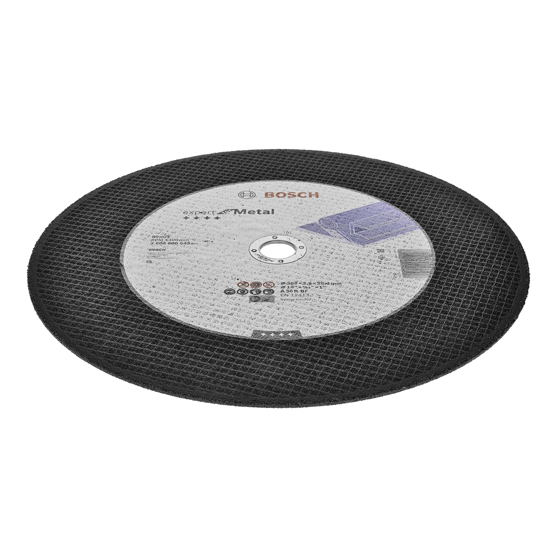 En cirkulär Bosch Pro Cutting Disc Expert för metall med en svart texturerad ytterkant, en central vit etikett med olika tekniska detaljer och säkerhetssymboler, samt ett litet hål i mitten.