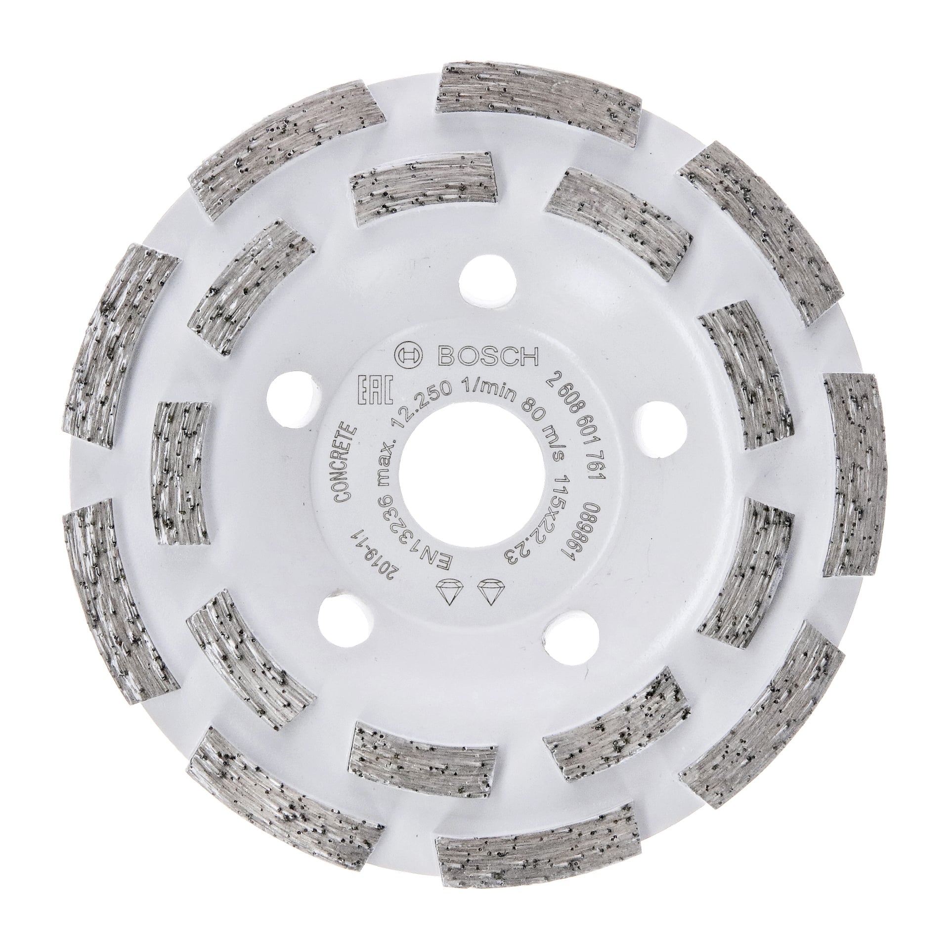 En Bosch Pro Diamond slipskiva Pro Concrete med vit metallkropp och grå slipsegment, designad för betongapplikationer.