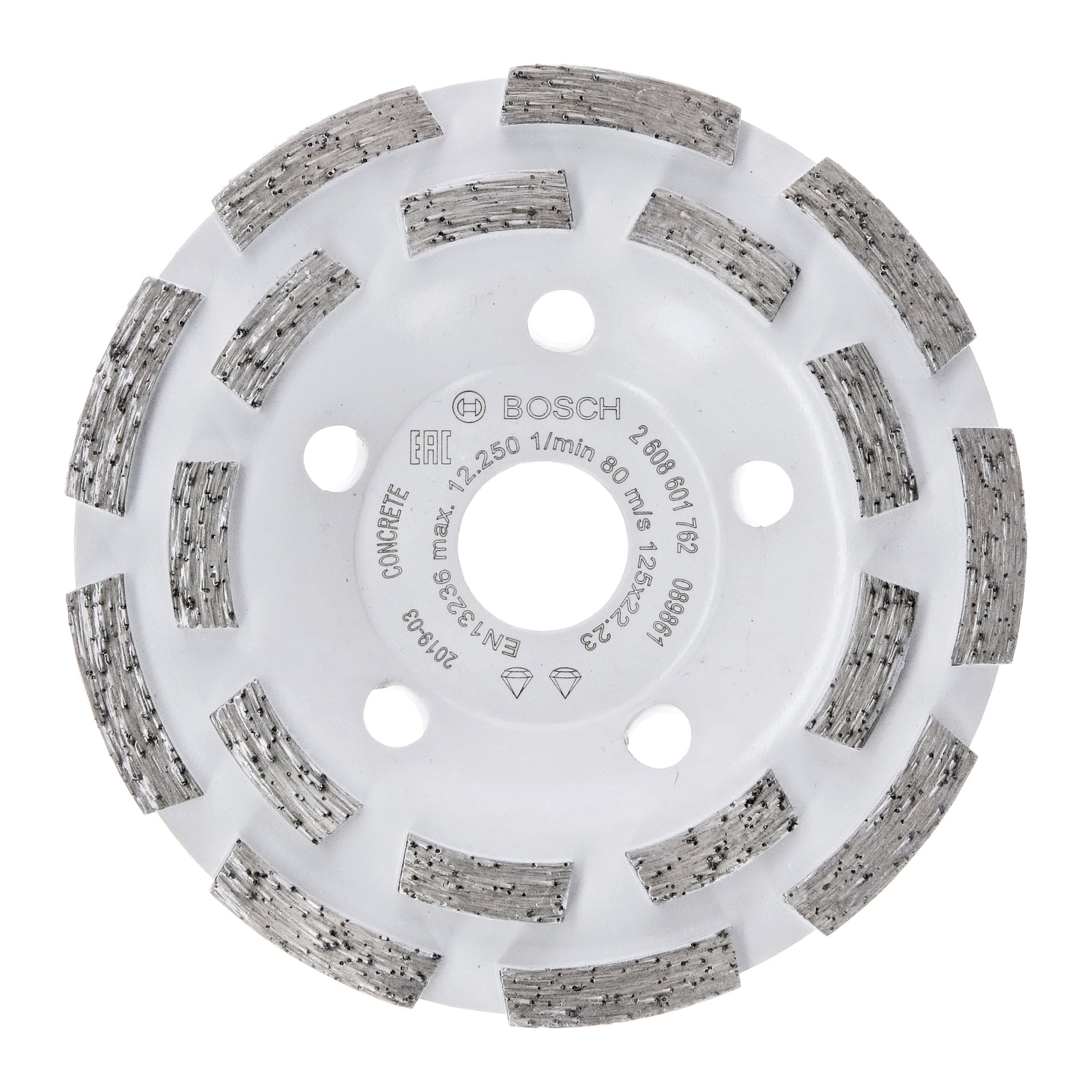 En Bosch Pro Diamond slipskiva Pro Concrete med segmenterade diamantkanter, sex stora hål och tekniska detaljer tryckta på ytan.