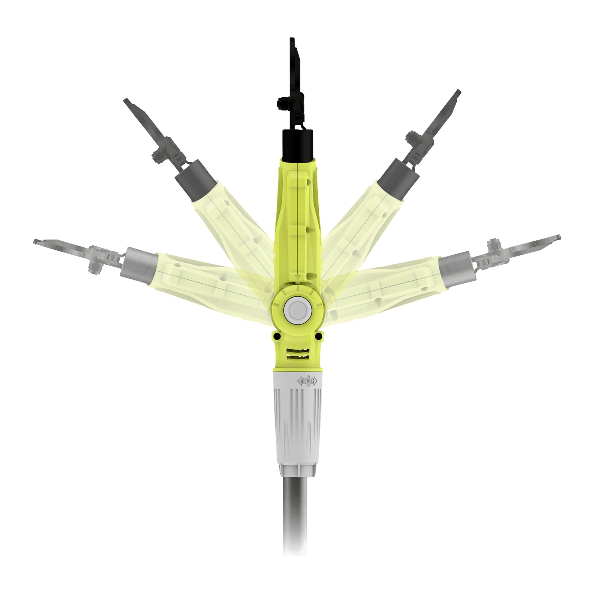 Ryobi One+ RY18PLA-0 Langstreckenscheren mit gelbem und grauem Farbschema und einem verstellbaren Drehkopf werden aus verschiedenen Perspektiven gezeigt, um ihre Bewegungsmöglichkeiten hervorzuheben. Dieses akkulose Werkzeug wird von einer Batterie angetrieben und sorgt für einfache Manövriermöglichkeiten.