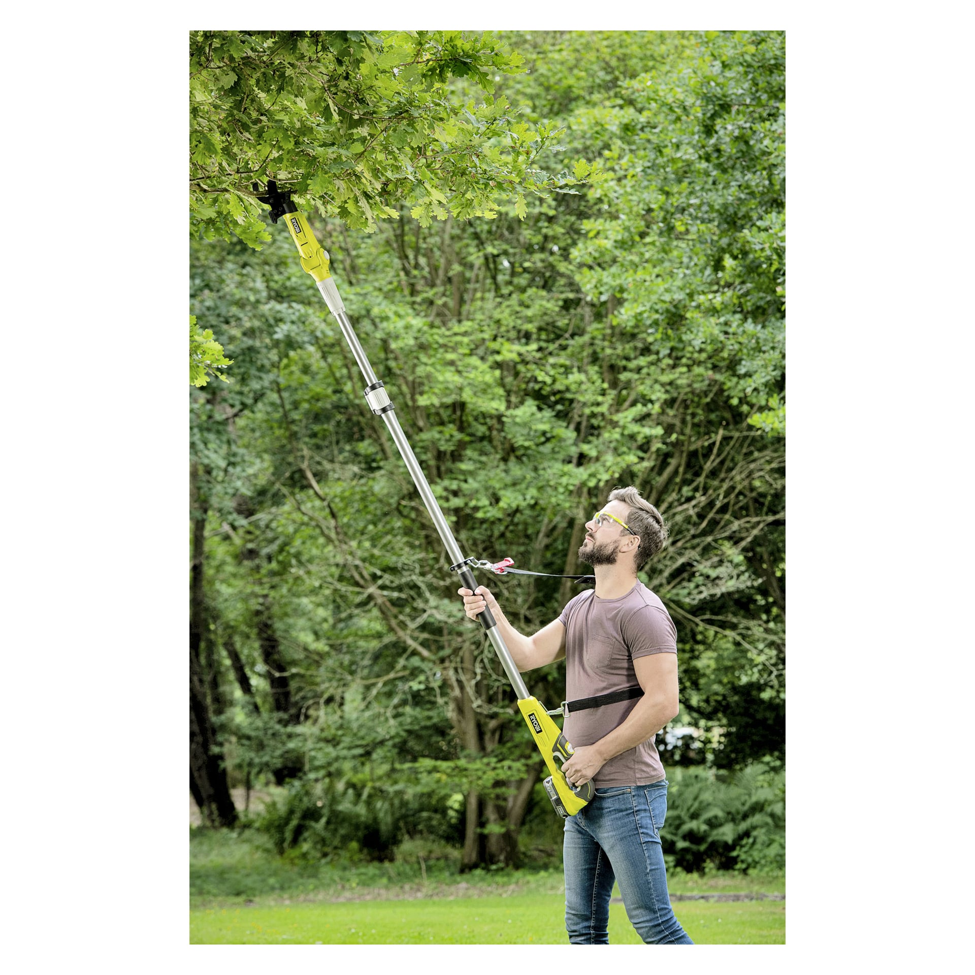 Ein Mann mit Schutzbrille bedient die Ryobi One+ Batteriebetriebene Langstrecken-Schere RY18PLA-0 und schneidet Äste in einer von dichten Bäumen gesäumten Grasfläche. Er hält das Werkzeug mit beiden Händen fest und blickt nach oben zu den Ästen oben.