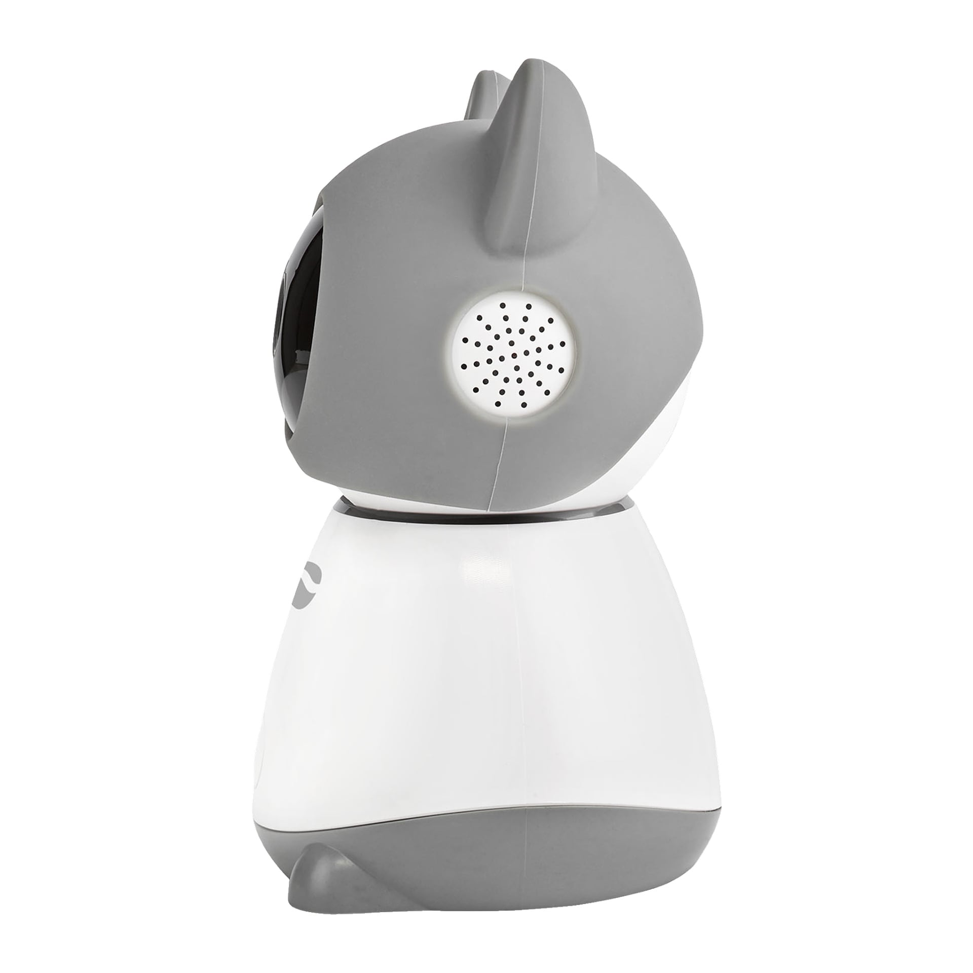 En sidoprofil av Nedis SmartLife IP-kamera, designad i form av en katt med grå öron och huvud, en vit kropp och en rund högtalare integrerad i sidan av huvudet. Det lekfulla utseendet antyder att den skulle kunna fungera både som kamera och som följeslagarleksak.