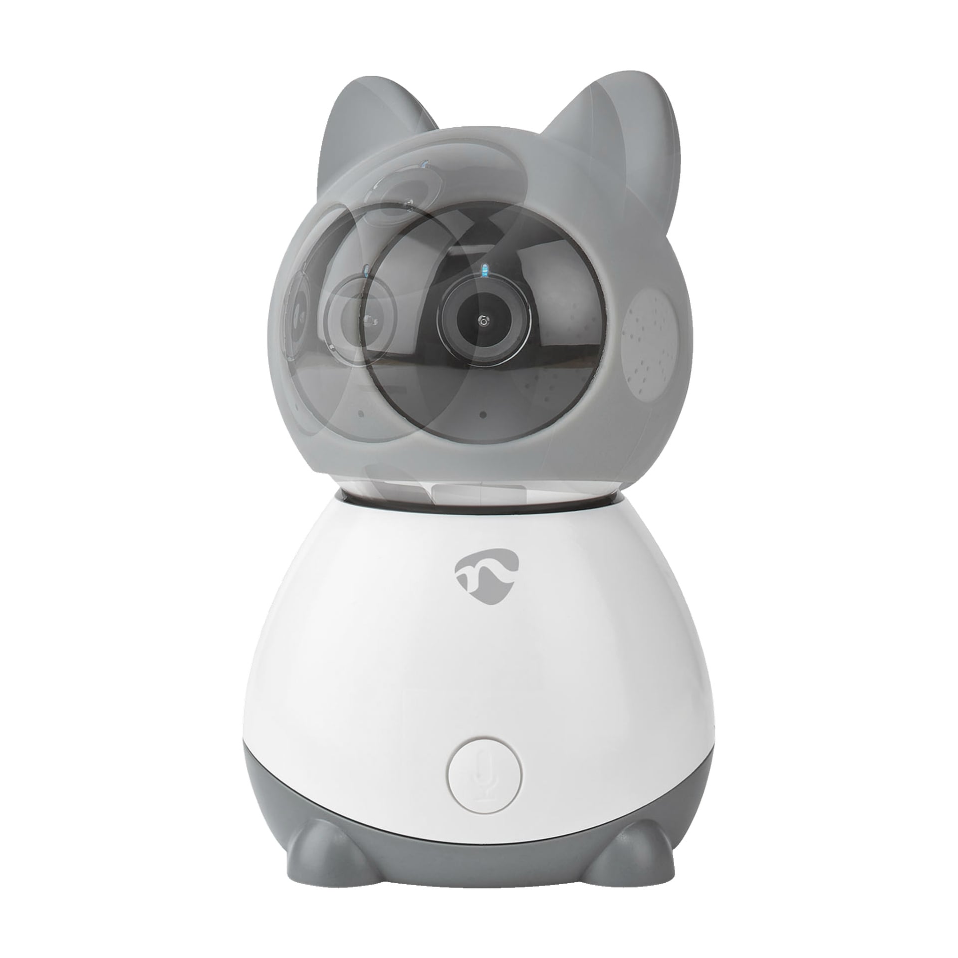 En Nedis IP-kamera SmartLife designad med lekfulla kattliknande funktioner, inklusive vit bas, grå detaljer och spetsiga öron. Linsen är placerad i 'huvudet', avbildad mitt i rotationen med ett genomskinligt överlägg som illustrerar dess rörelsefunktion.