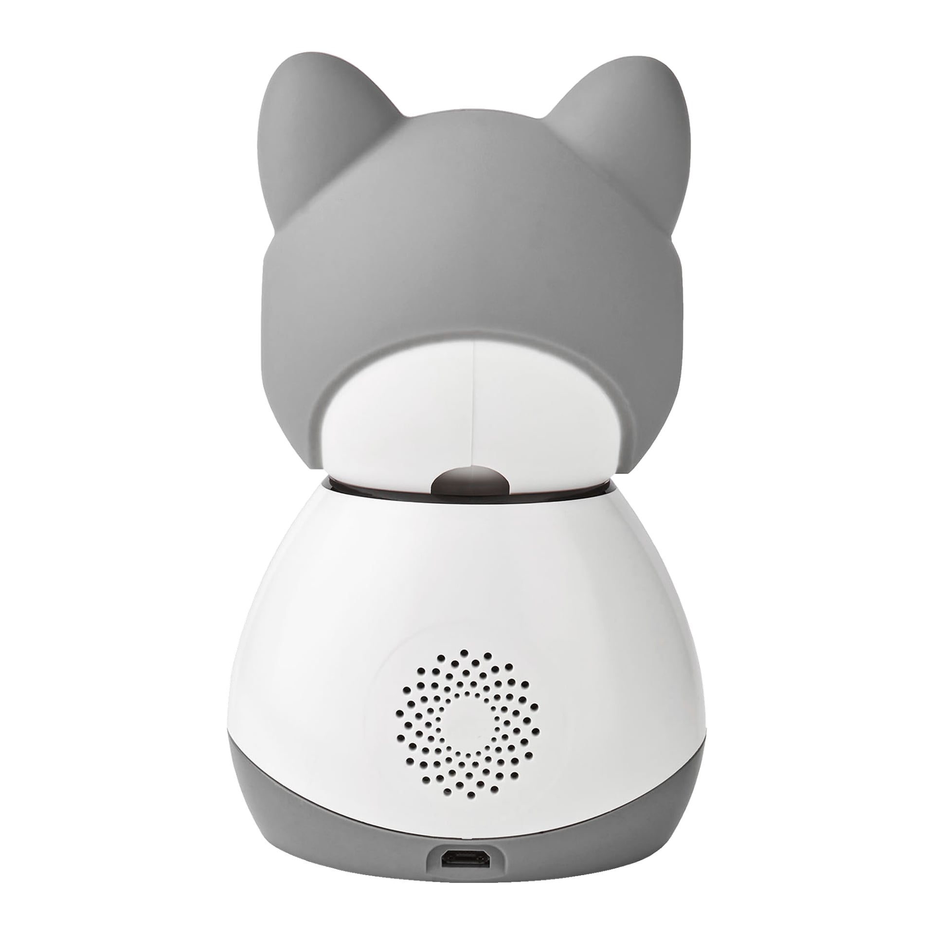 En liten, grå och vit Nedis SmartLife IP-kamera syns bakifrån, med en rundad design och spetsiga kattöron. Ett högtalargaller och USB-port syns vid dess bas.