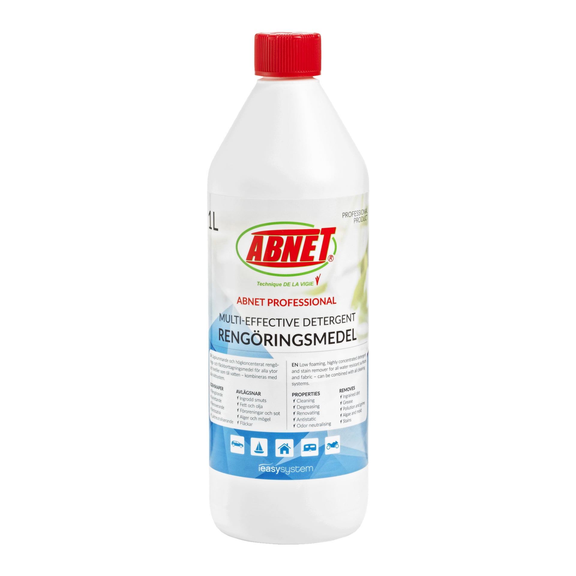 En 1-liters vit plastflaska Abnet Detergent Professional med röd kapsyl och en etikett med produktdetaljer, användningsanvisningar och blå designdetaljer.