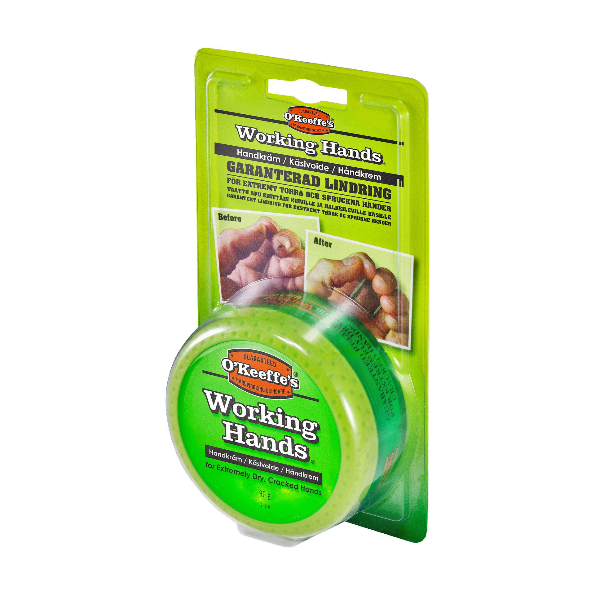 Ett paket O'Keeffe's Working Hands handkräm, som visar en rund behållare framför en grön blisterförpackning som visar före- och efterbilder på händer och olika produktdetaljer.
