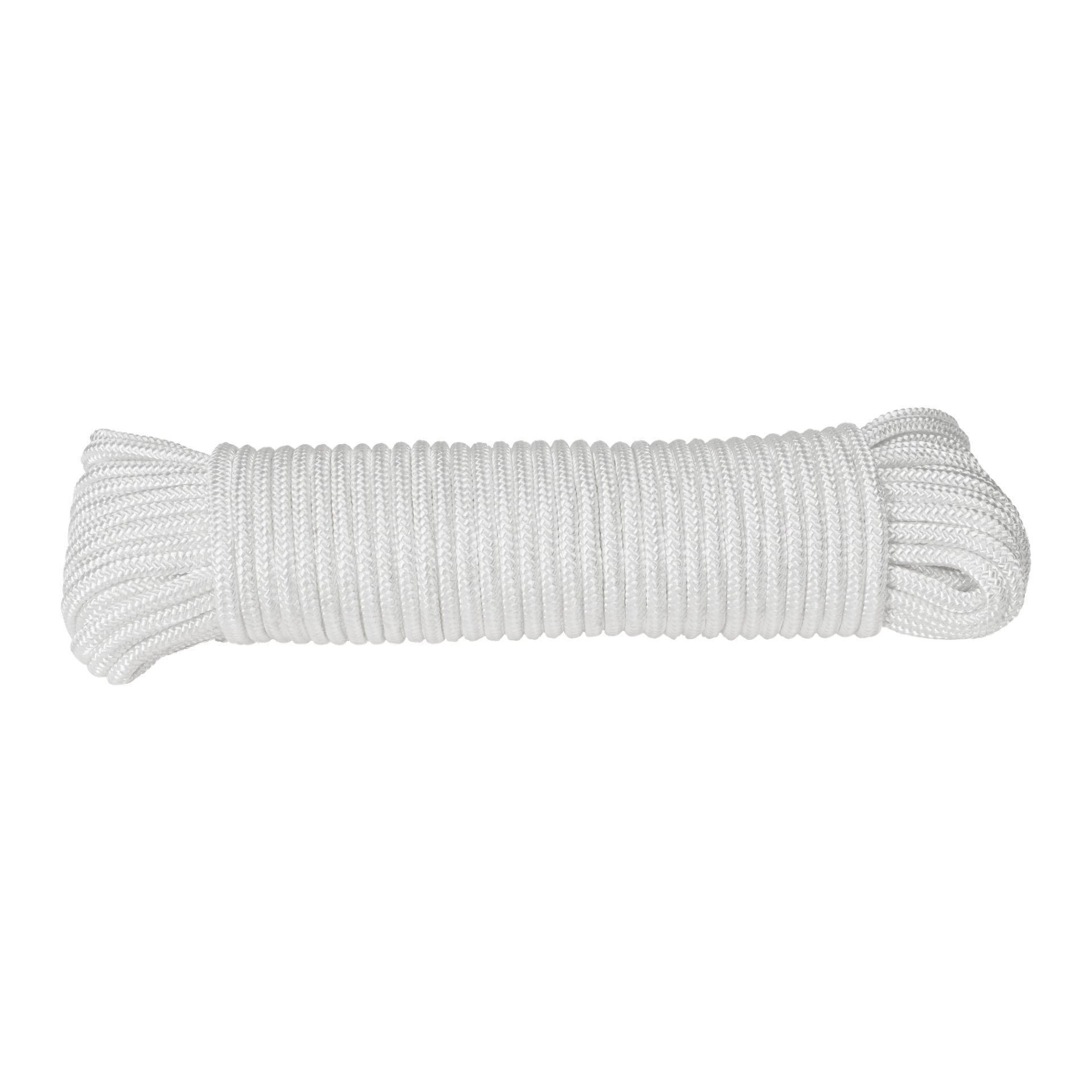 Ett prydligt lindat ovalt band av vitt flätat Hard Head Flag-rep med jämnt fördelade öglor.