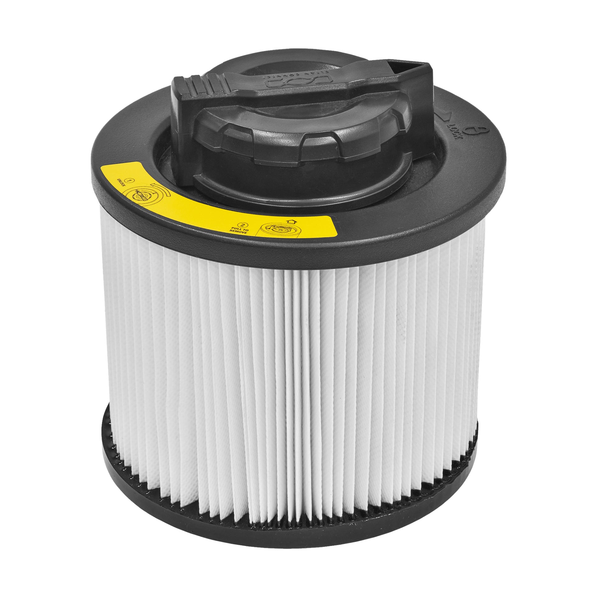Cylindryczny, plisowany filtr powietrza DeWalt DXVC-4001 z czarną plastikową górą, wyposażoną w mechanizm blokady i strzałkę kierunkową. Biały filtr stoi pionowo na płaskiej powierzchni, z żółtą etykietą.