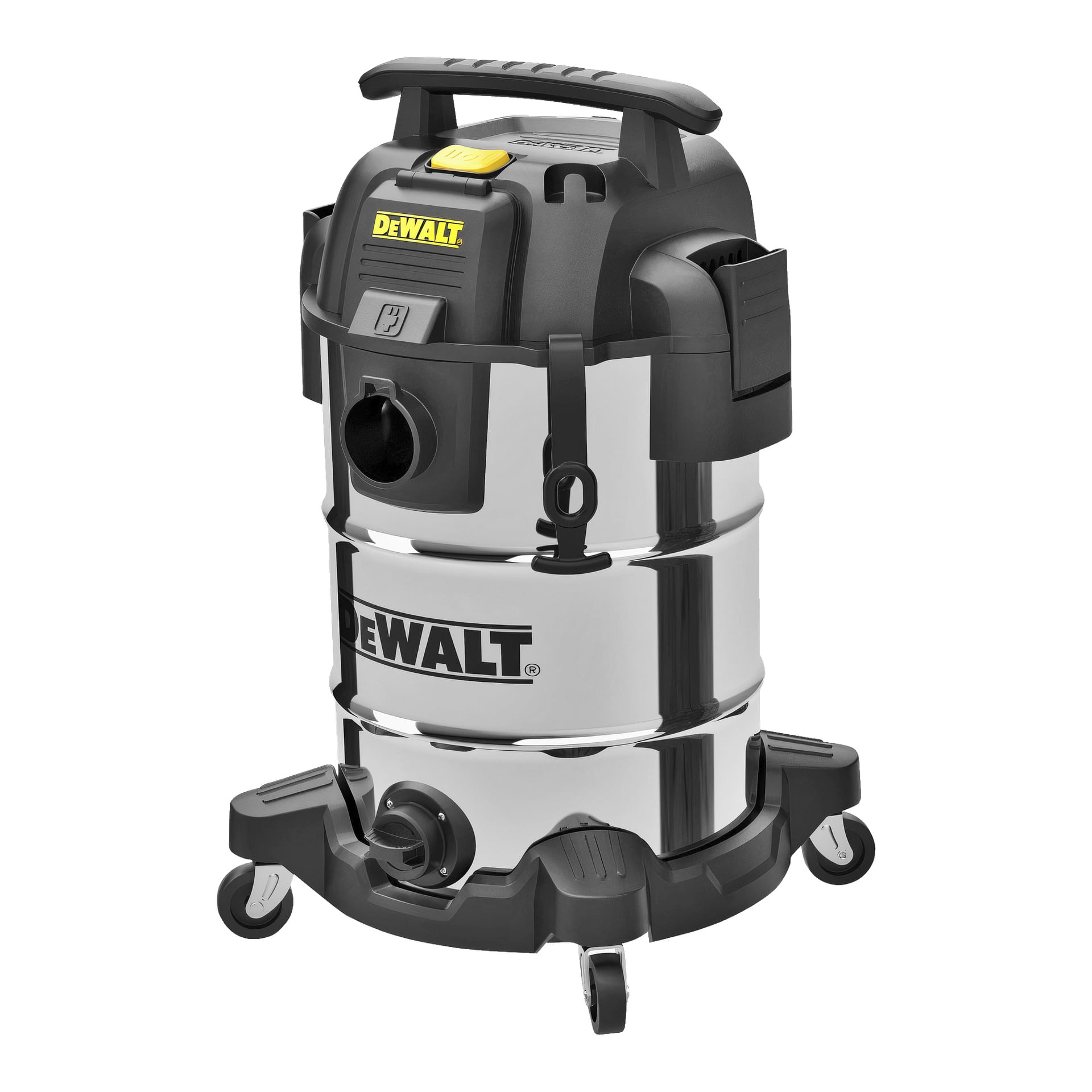 DeWalt DXV30SAPTA raskas imuri, joka on valmistettu ruostumattomasta teräksestä ja suunniteltu mustilla ja keltaisilla yksityiskohdilla, varustettu yläkahvalla, letkuportilla ja neljällä pyörällä.