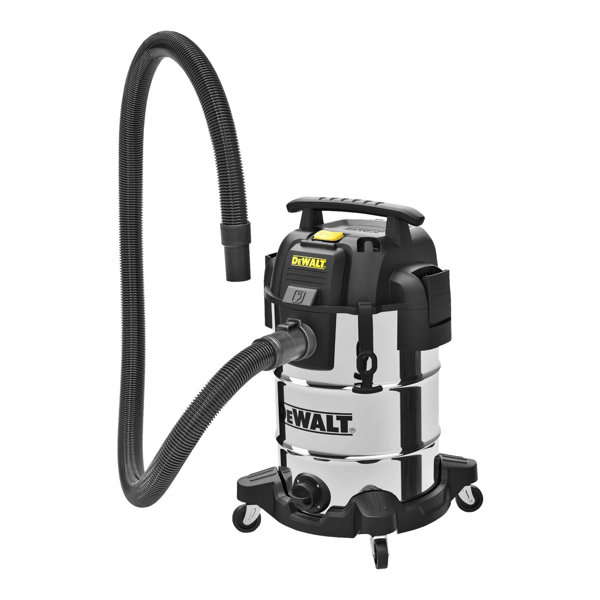 DeWalt DXV30SAPTA on raskaan käyttöluokan ruostumattomasta teräksestä valmistettu märkä/kuiva imuri, jossa on joustava letku, musta kansi, keltaiset yksityiskohdat, rullapyörät ja tukeva kahva, ja se on suunniteltu vaativiin työpaja- tai autotallin siivoustöihin.