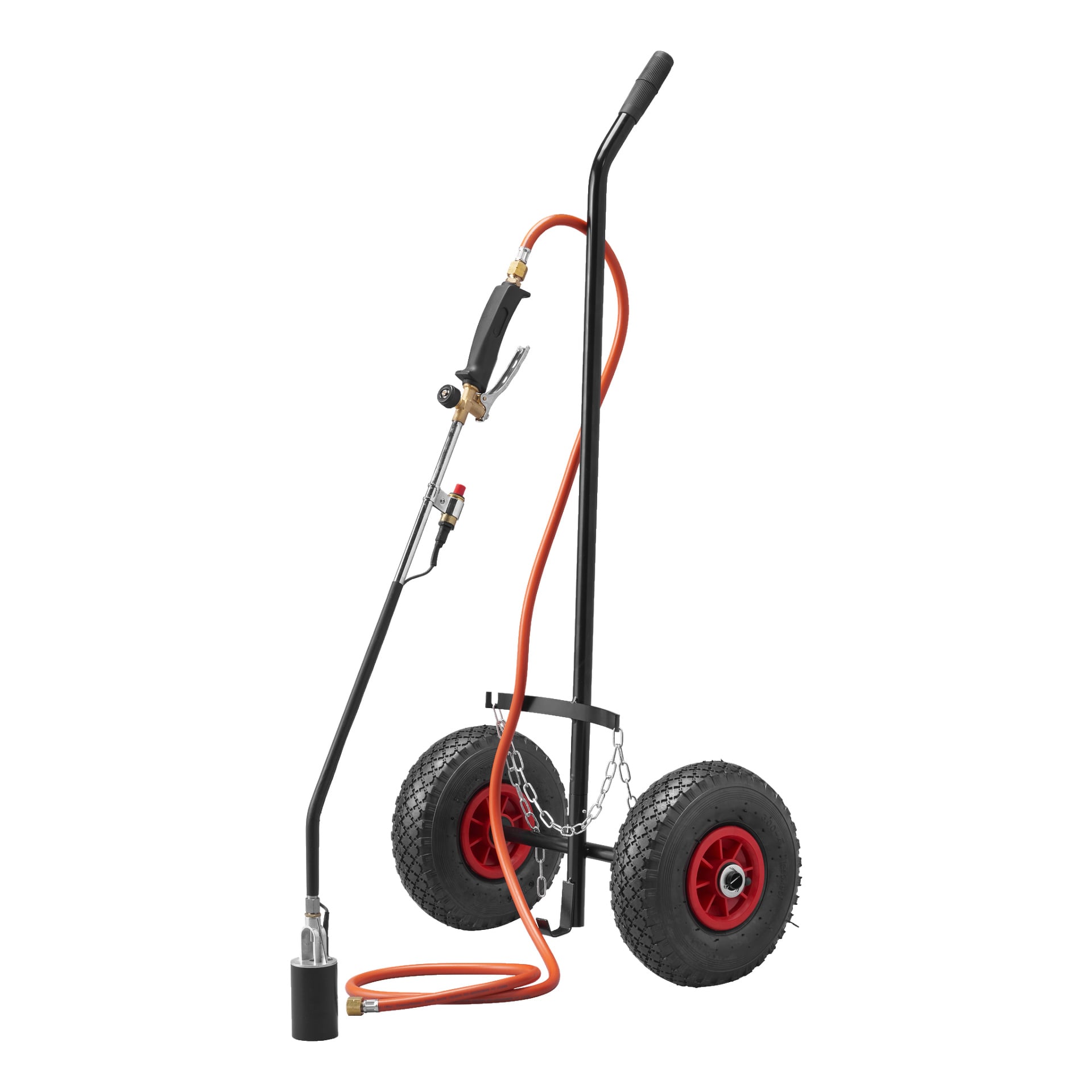 En Hard Head Weed Burner är monterad på en stadig svart vagn med två hjul och röda fälgar. Enheten har ett långt handtag med avtryckare och en orange slang, designad för smidig rörelse och effektiv ogräsbekämpning utomhus.