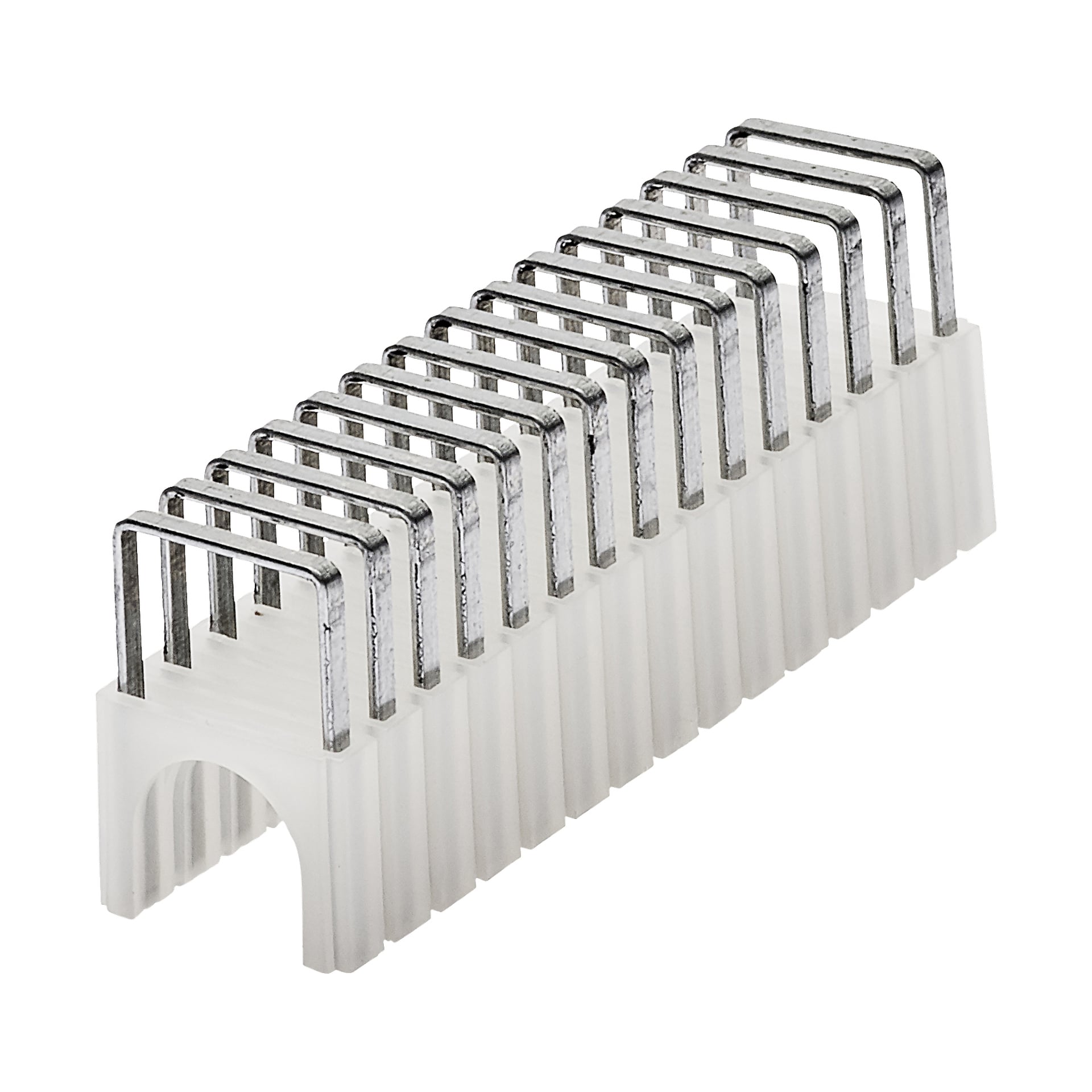 En vit plastkontakt från Meec Tools från ett 300-pack kabelklämmor, med flera jämnt fördelade U-formade metallstift placerade upprätt längs dess längd.