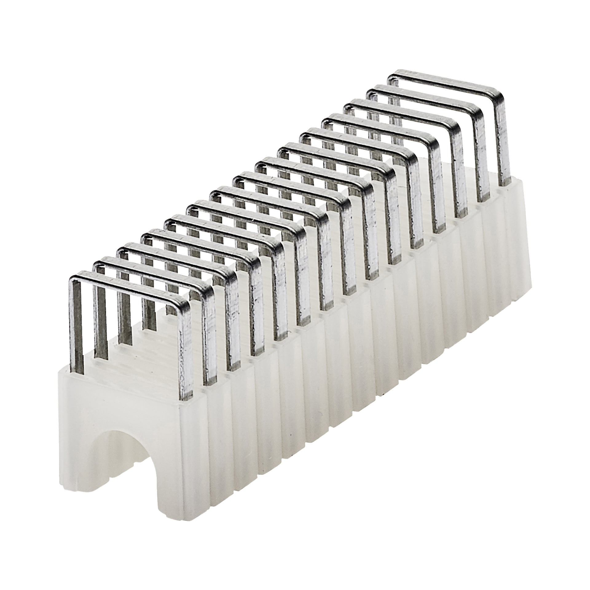 En låda med 300 vita plastkabelklämmor från Meec Tools, avsedda för att snyggt fästa och hantera elkablar längs ytor.