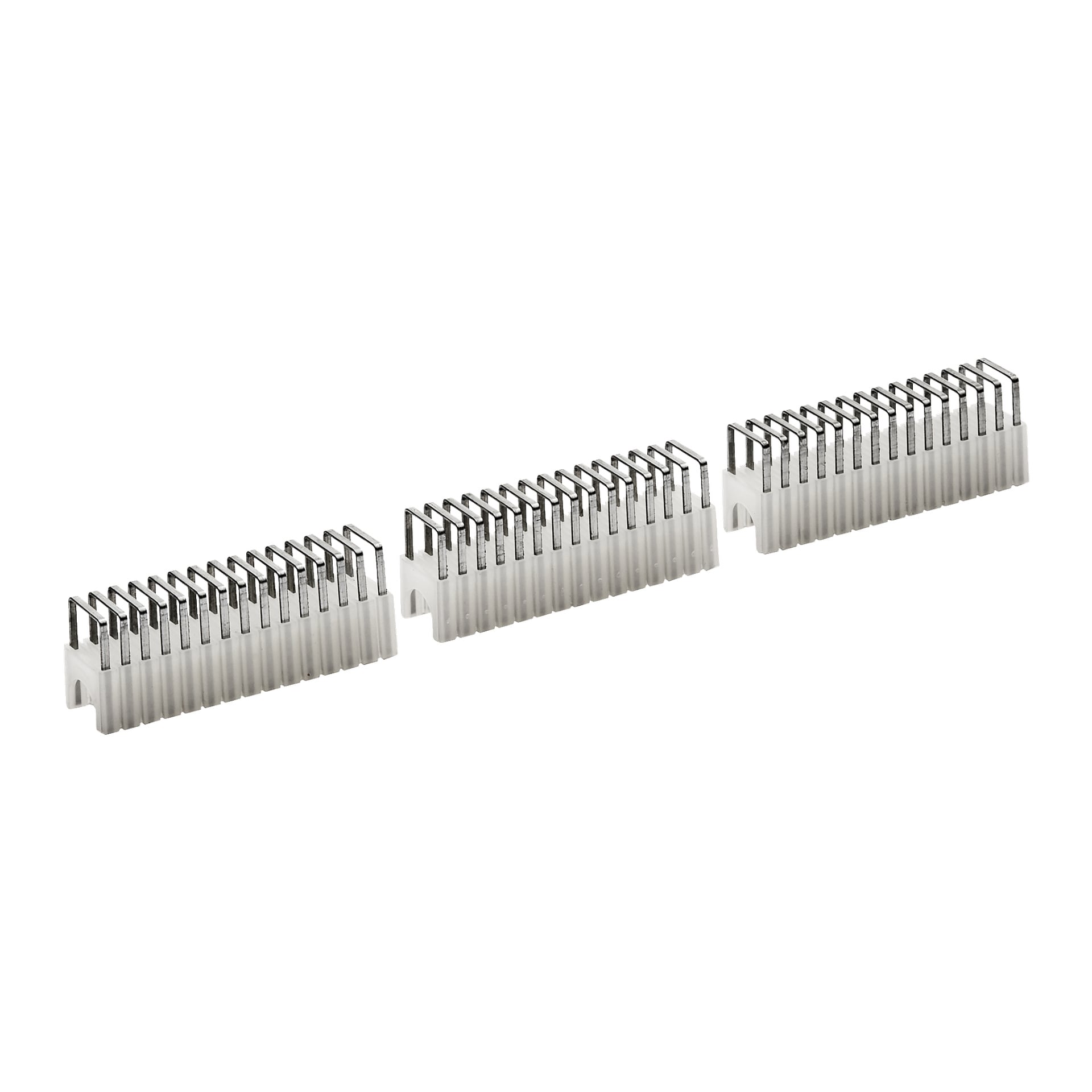 Tre Meec Tools kabelklämmor från ett 300-pack står uppradade, var och en gjord av vit plast och utrustad med flera silverfärgade metallstift placerade i rader.