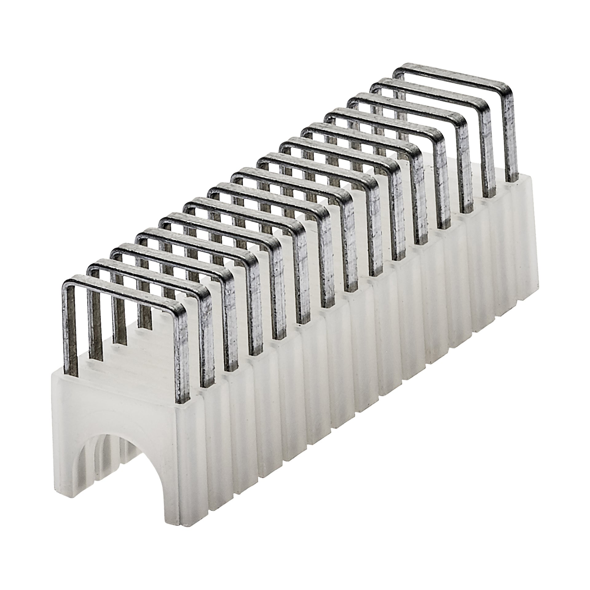En låda med 300 vita kabelklämmor från Meec Tools, varje klämma innehåller flera jämnt fördelade metallstift med U-formade böjar och en böjd urtag i ena änden, gjorda för att snyggt organisera och fästa elektriska eller elektroniska kablar.