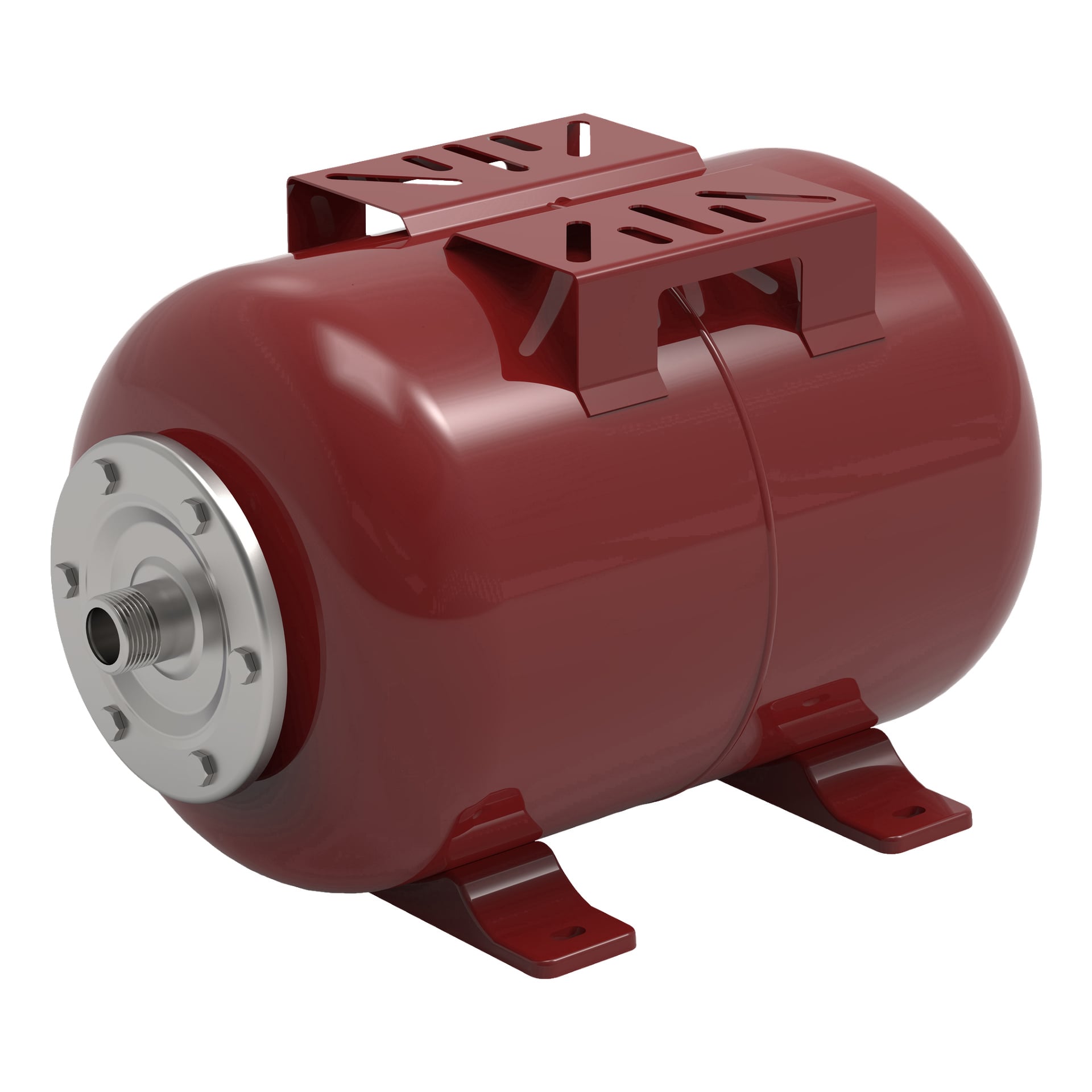 Meec Tools Pressure Tank är en röd, horisontellt orienterad metalltank med monteringsfästen och en rund silverfärgad koppling på ena sidan. Den är avsedd för användning med vattenpumpar eller kompressorer.