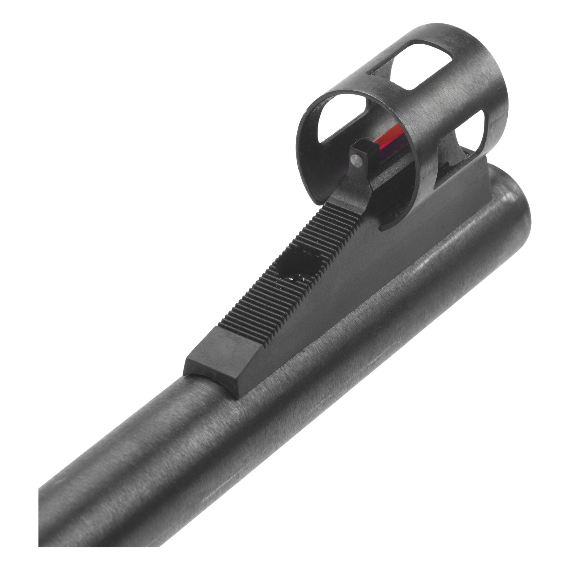 Detaljert bilde av løpet til Kayoba Air rifle Black Bear, som viser dens matte svarte metalloverflate og et frontsikte med en rød fiberoptisk innsats, beskyttet av en metallhette.
