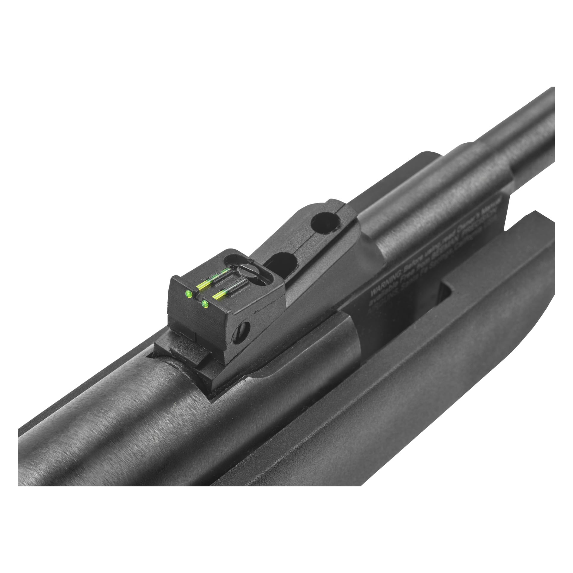 Detaljert bilde av baksiktet på Kayoba Air rifle Black Bear, som viser to grønne fiberoptiske prikker satt inn i det svarte løpet. Bildet fokuserer på siktets justeringsknotter og deler av mottakeren.