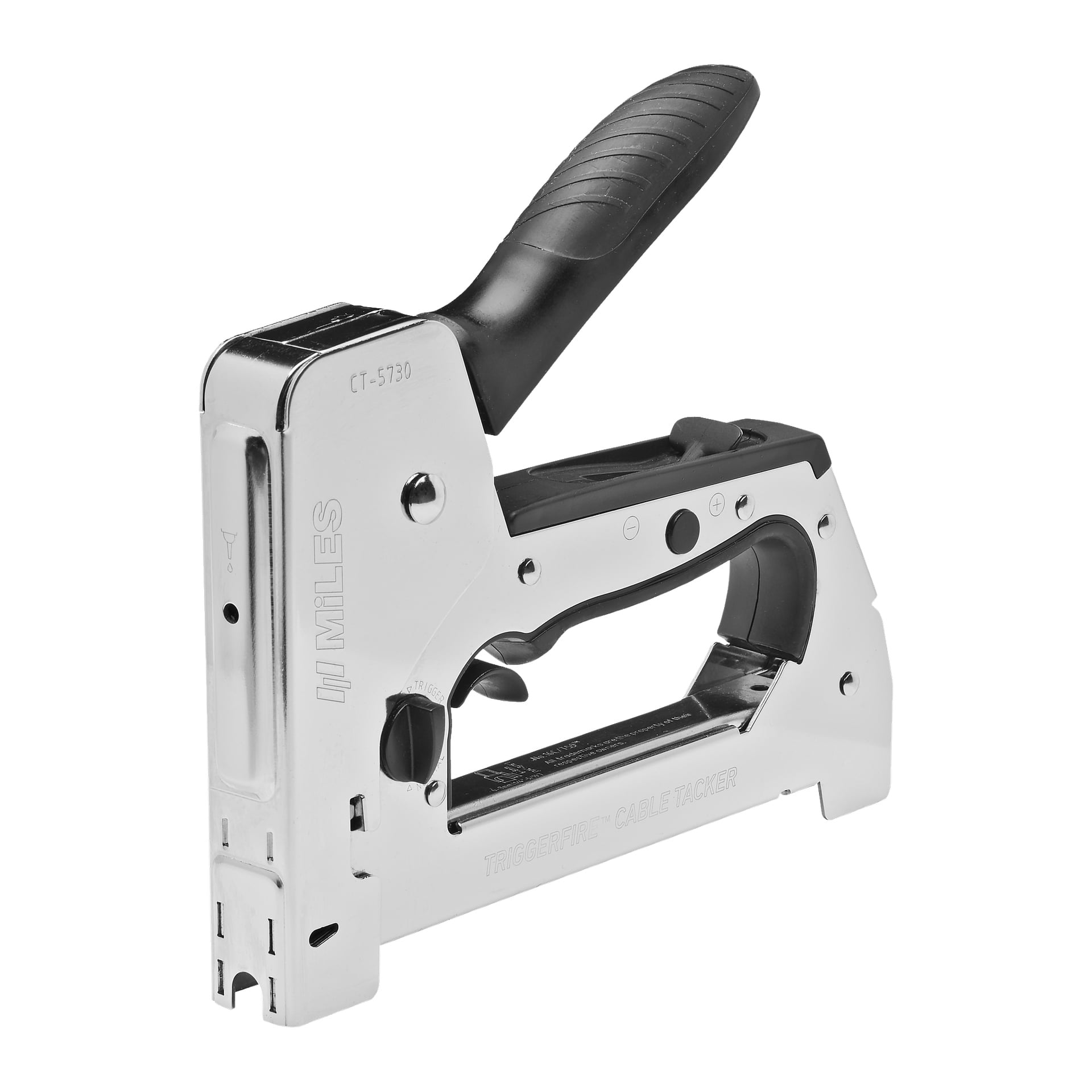 En närbild på en metallpistol med kabelklämma med svart handtag, stående upprätt. Sidan av verktyget visar varumärket Meec Tools.