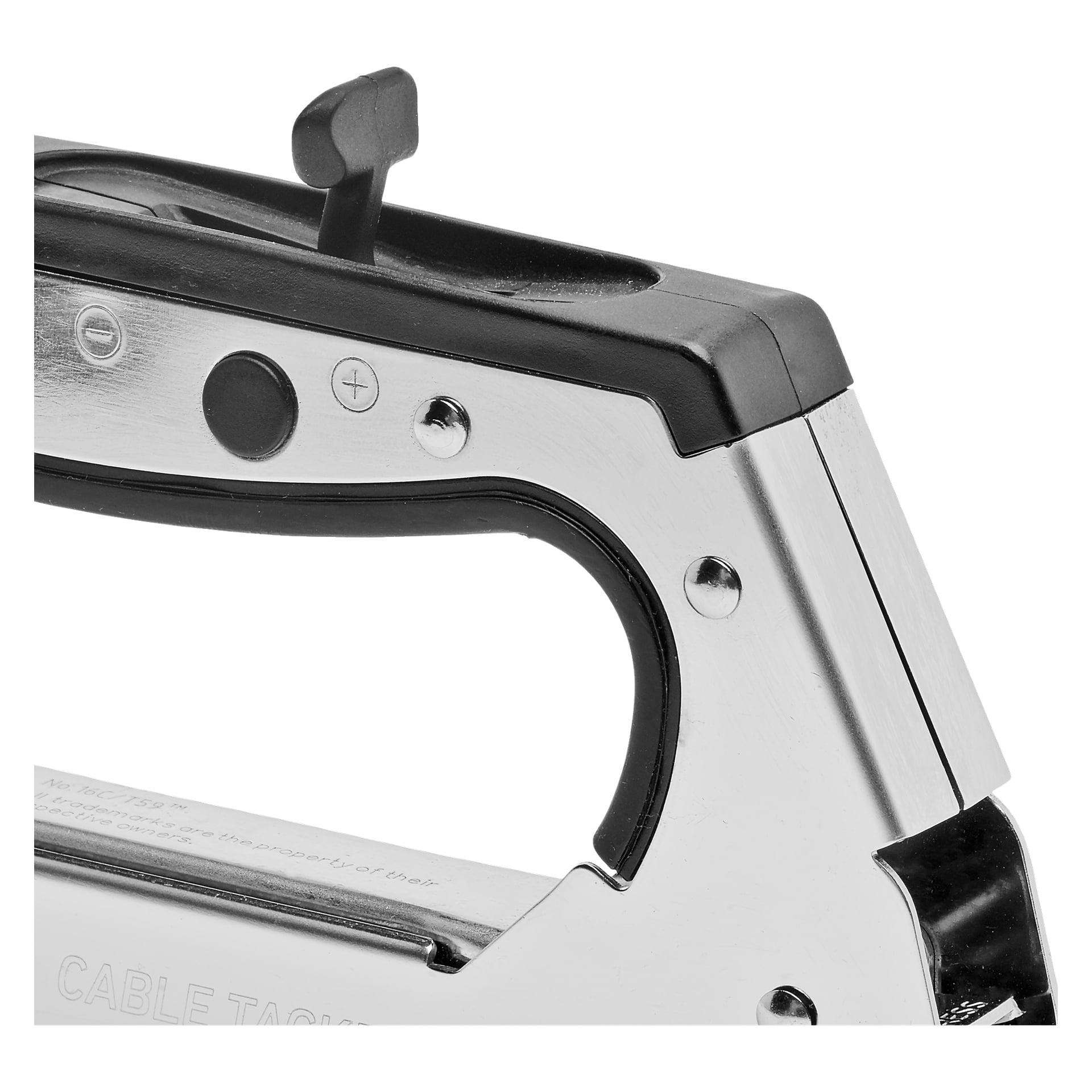En detaljerad vy av Meec Tools Cable Clip Gun framhäver dess metalliska kropp, svarta plasthandtag och en framträdande skjutknapp. Justeringsratten är synlig och har plus- och minusmarkeringar, med delar av verktygets interna mekanism som också syns.