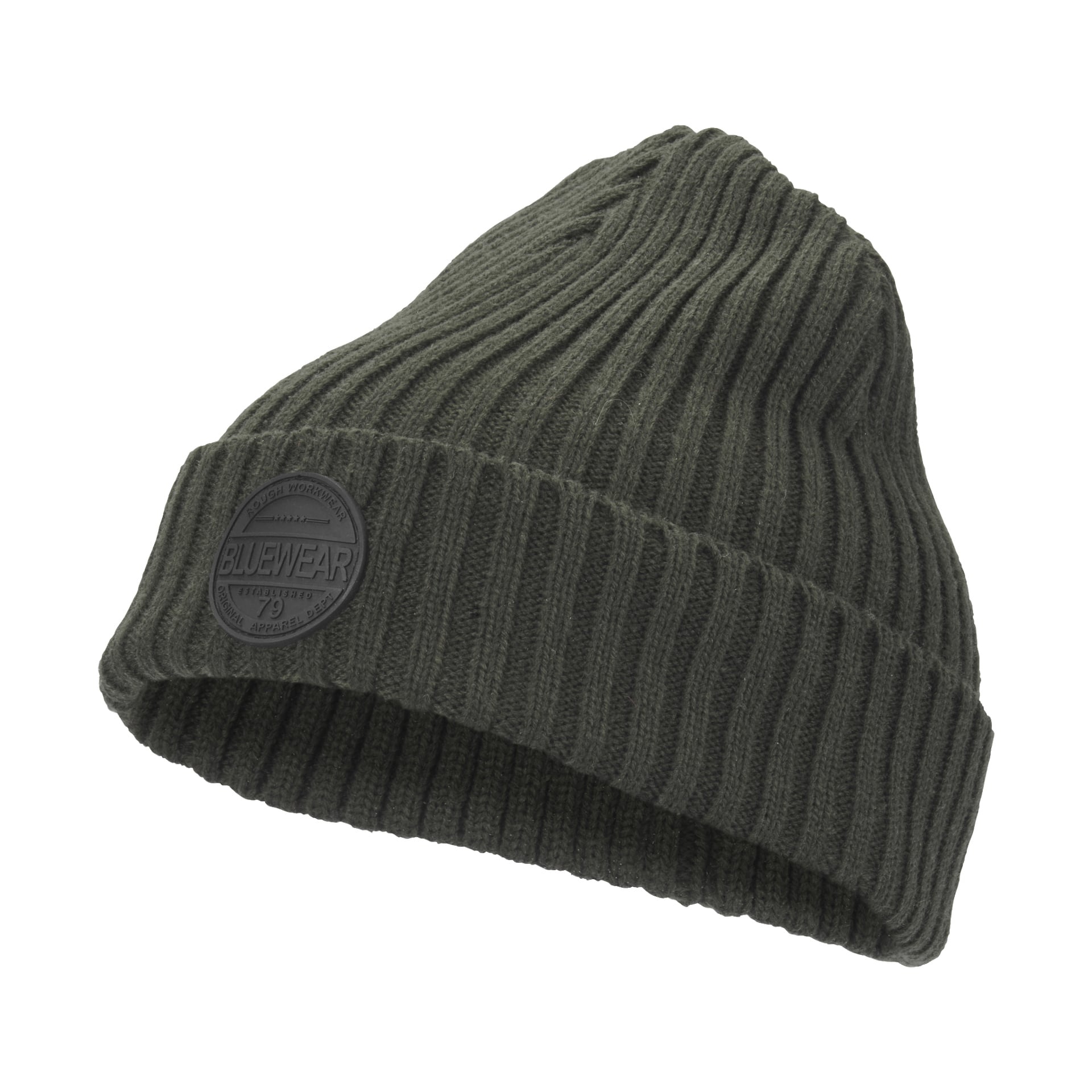 Eine dunkelgrüne, gerippte Strickmütze von Bluewear mit einem runden Bluewear-Patch-Logo auf der Vorderseite. Der Hut sitzt leicht entspannt, schlaff.